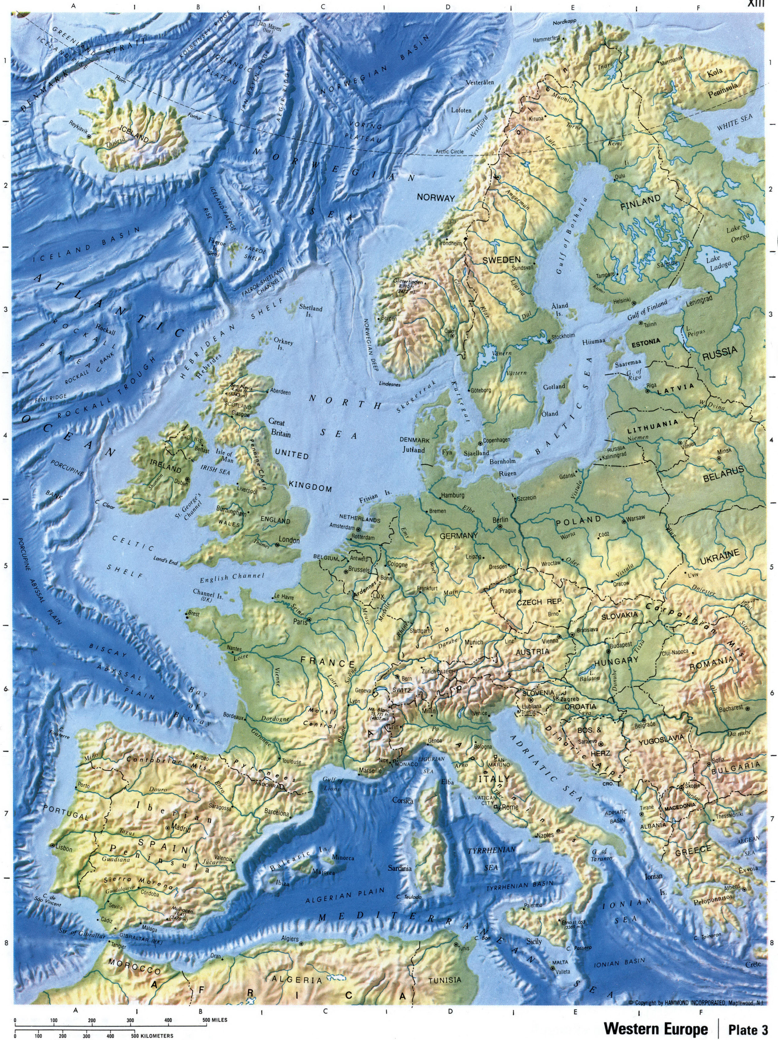 Physical map of Western Europe with terrain features