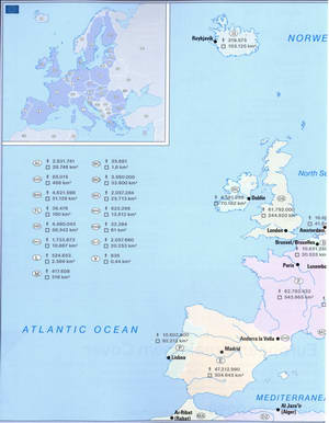 Political map of Europe with the names of capitals, area, and population of countries