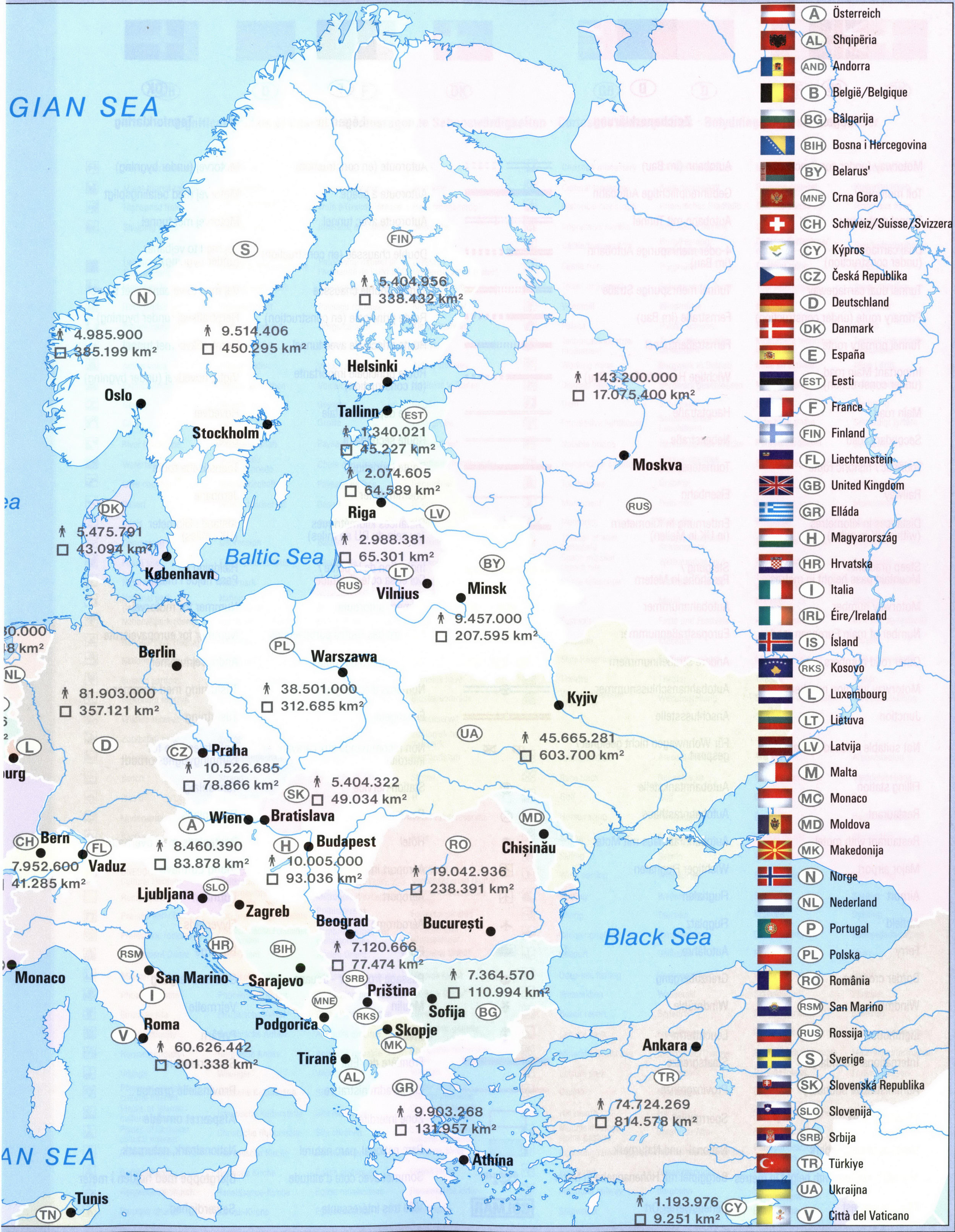 Political map of Europe with the names of capitals, area, and population of countries