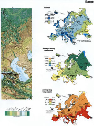Map of precipitation and average winter and summer temperatures in Europe