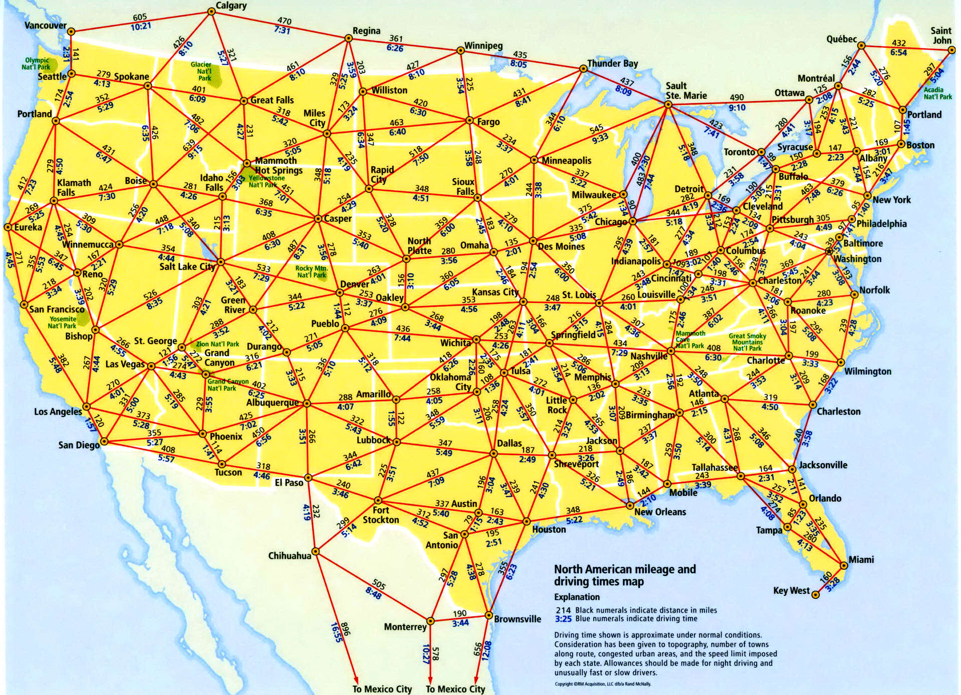 USA Mileage and Driving times map