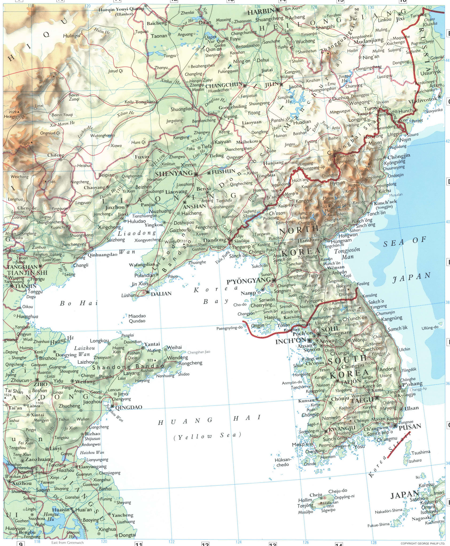 Korea and Northern China physical map