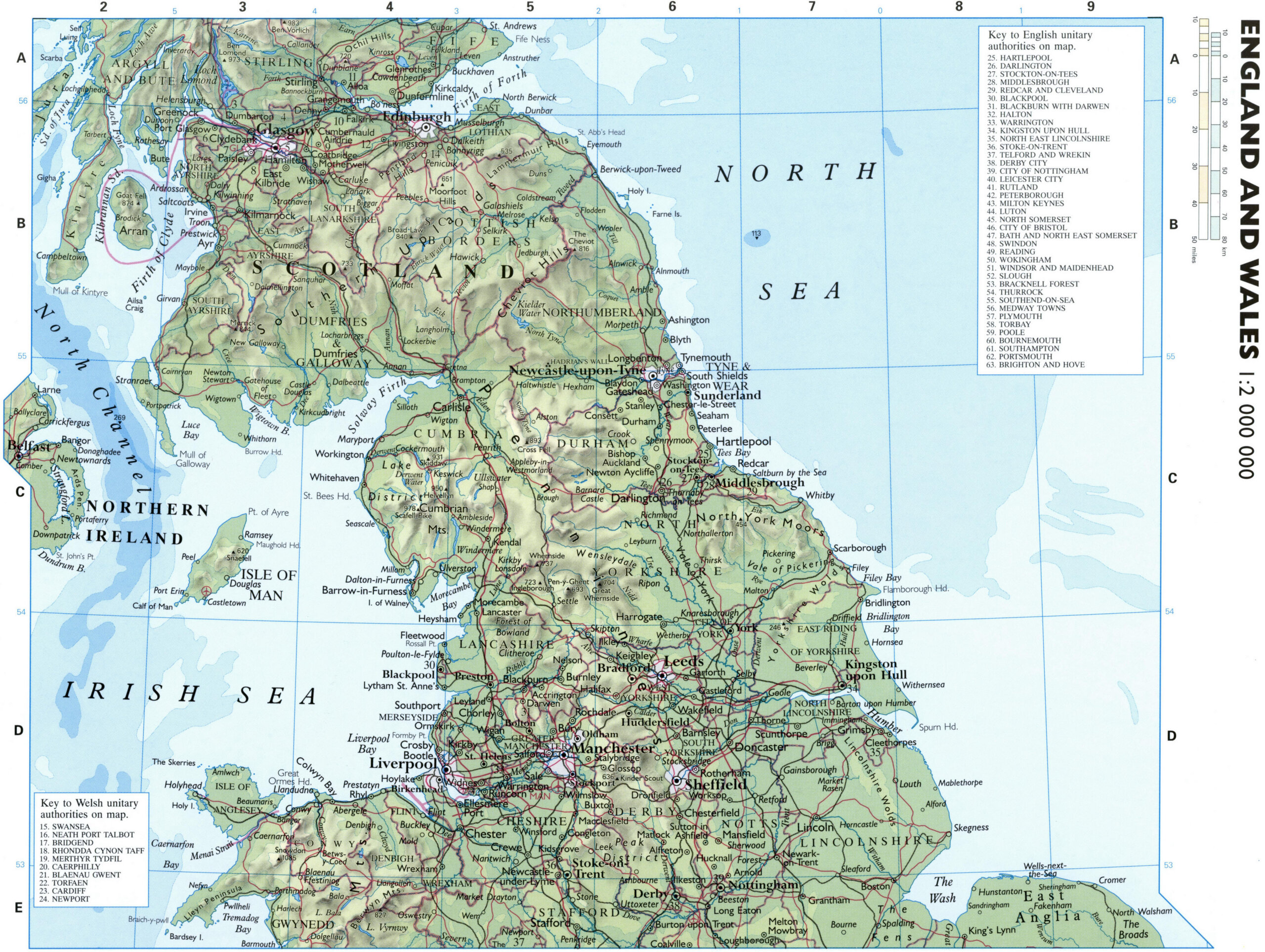 Physical map of Northern England and Scotland