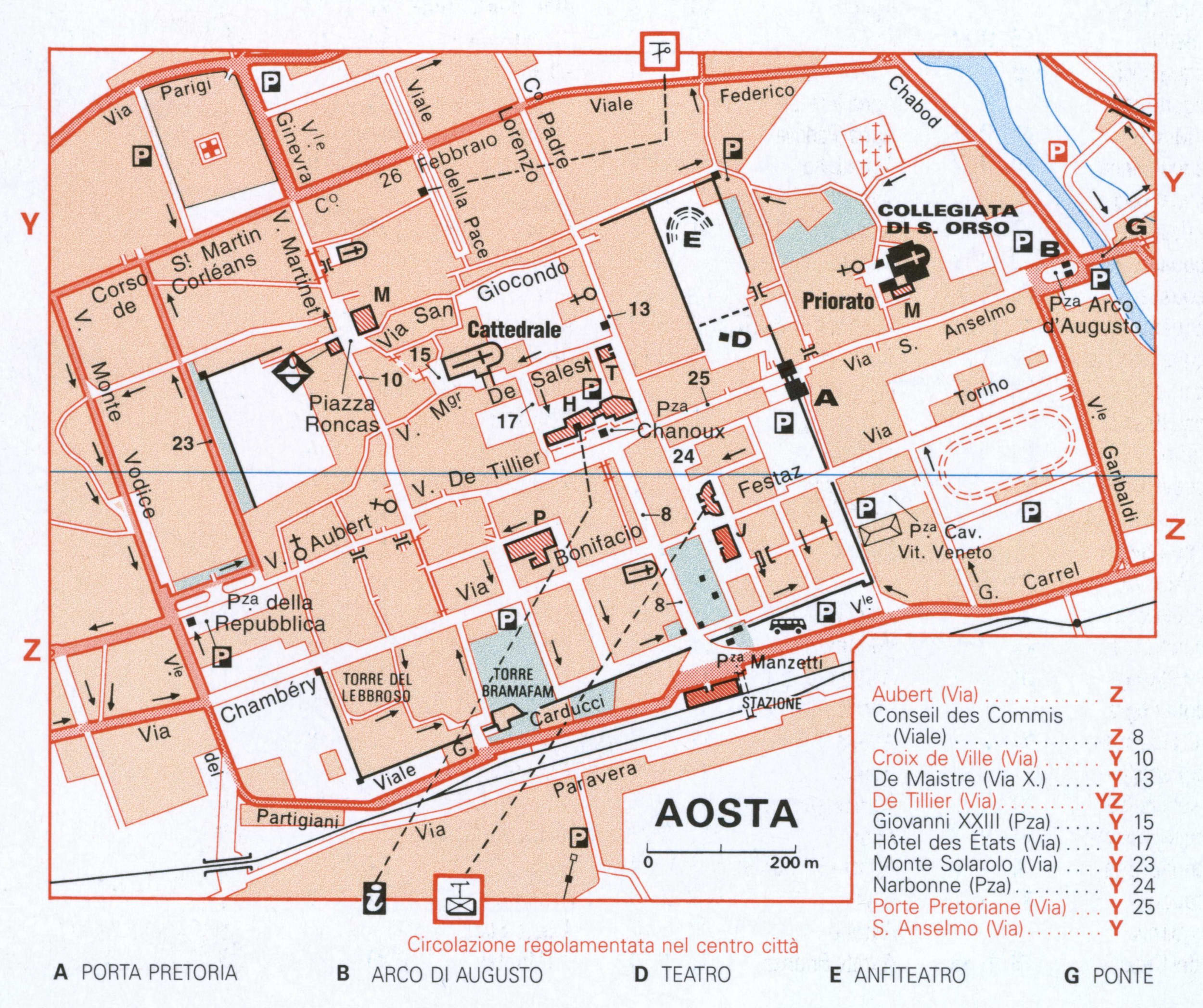 Map of Aosta with historical landmarks