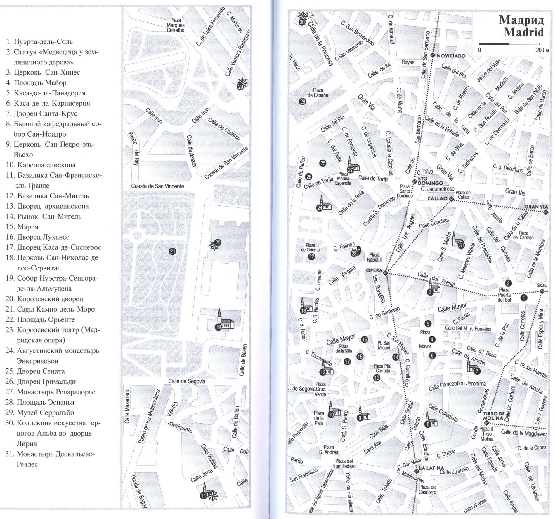 Madrid (Spain) tourist map with a list of attractions