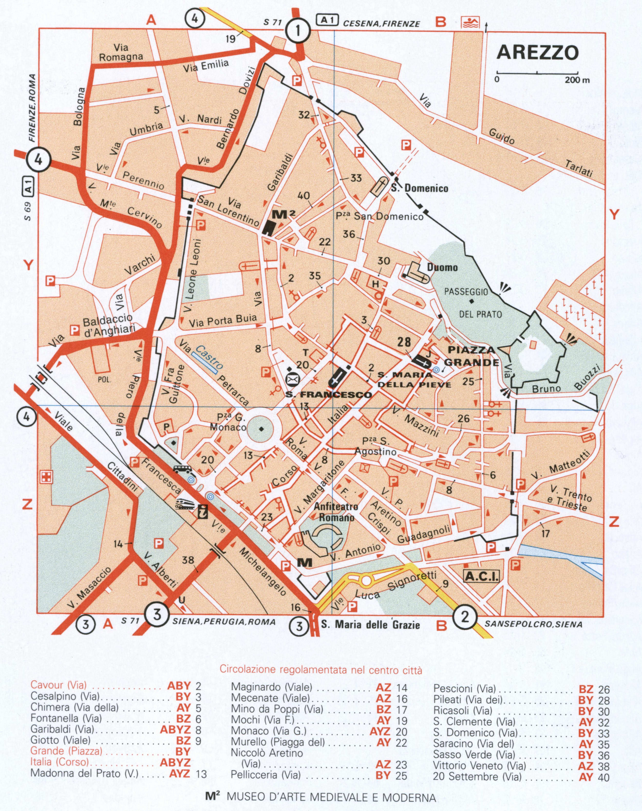 Map of Arezzo with historical landmarks