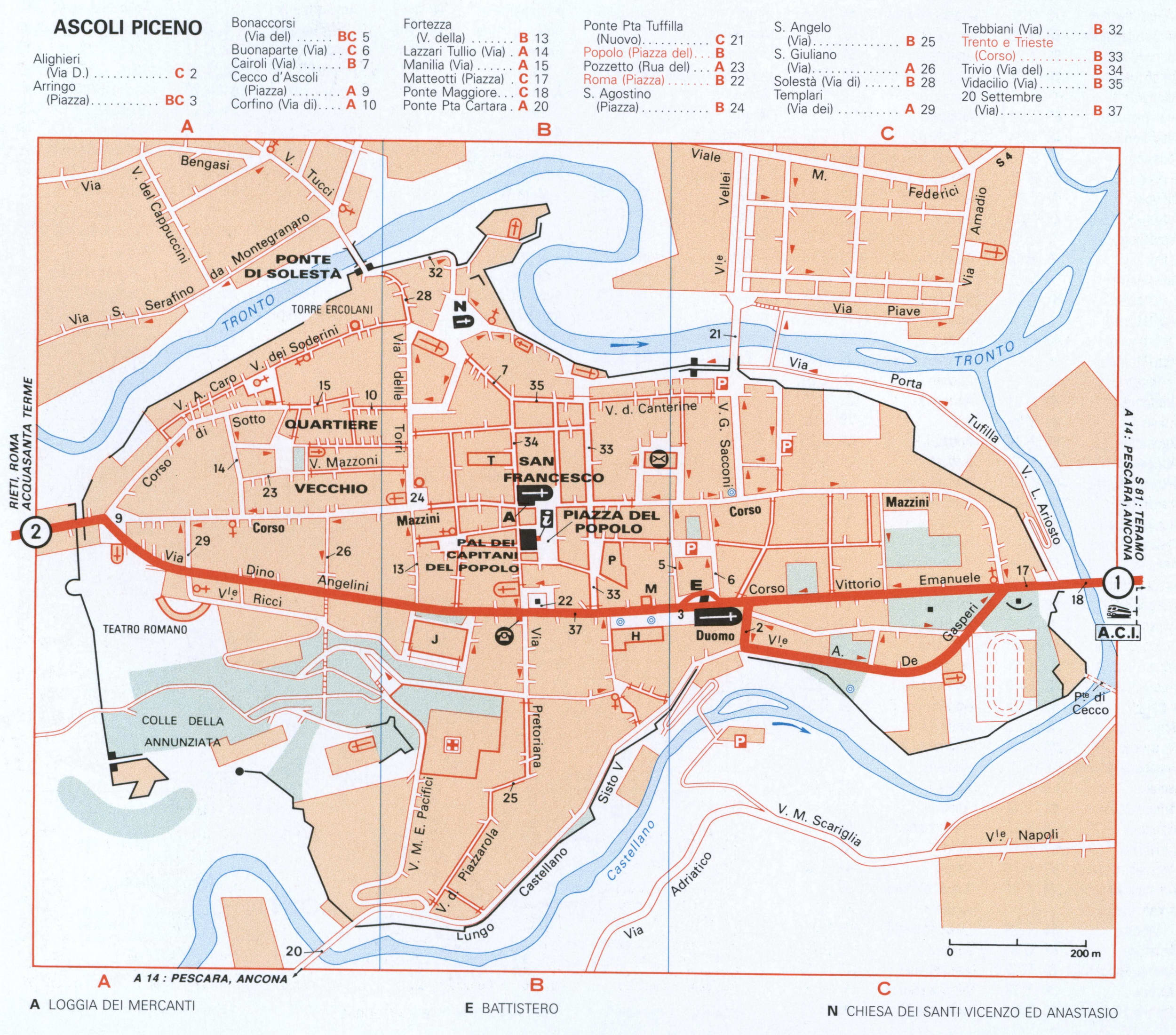 Map of Ascoli Piceno with historical landmarks