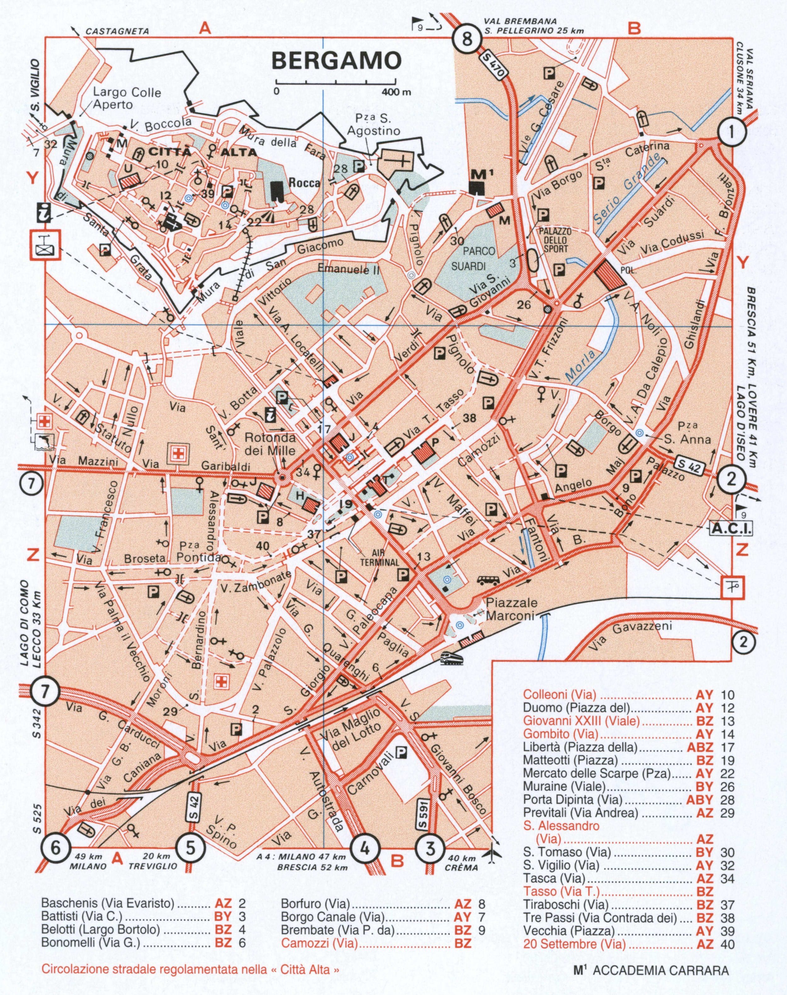 Map of Bergamo with historical landmarks
