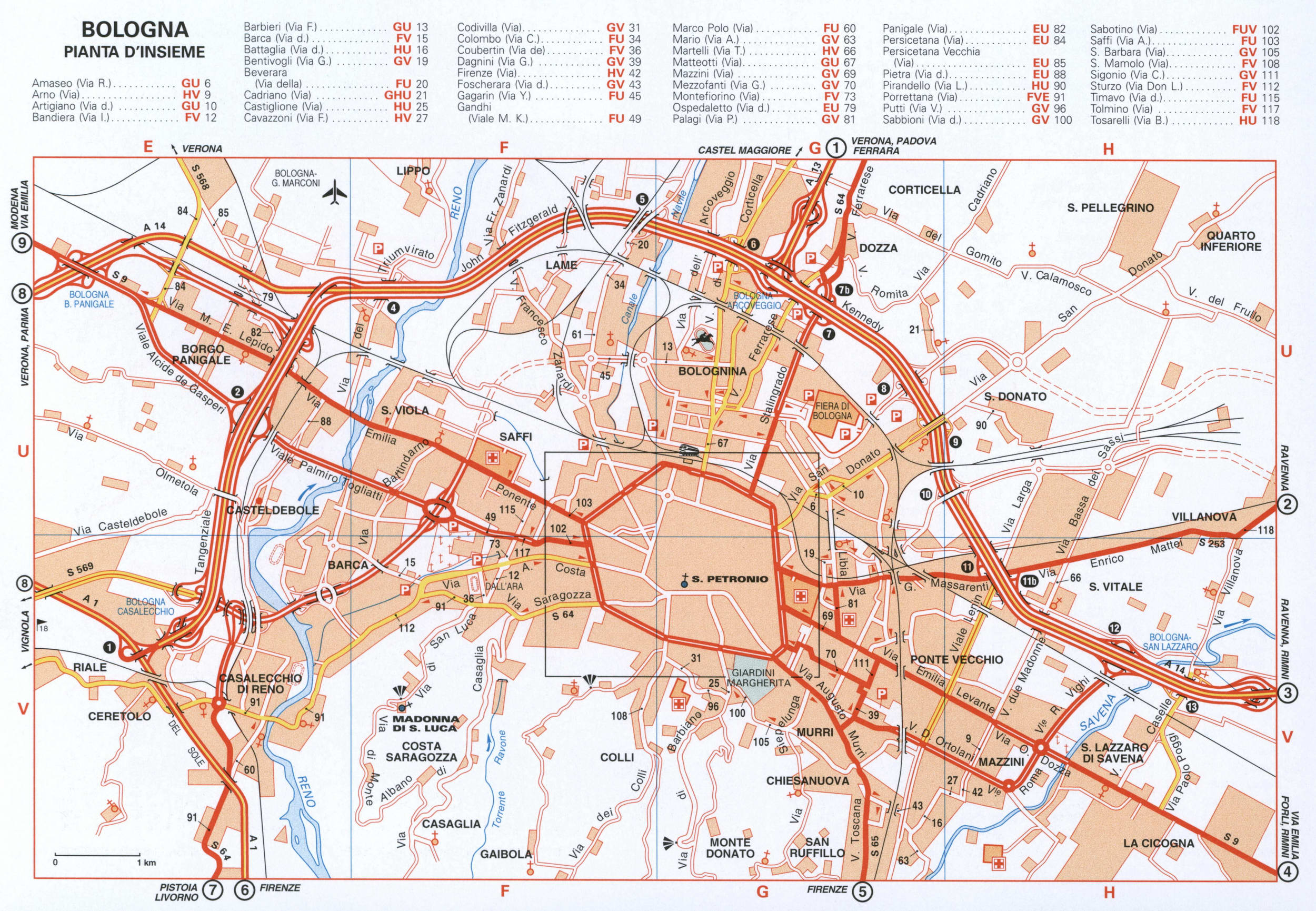 Map of Bologna with historical landmarks