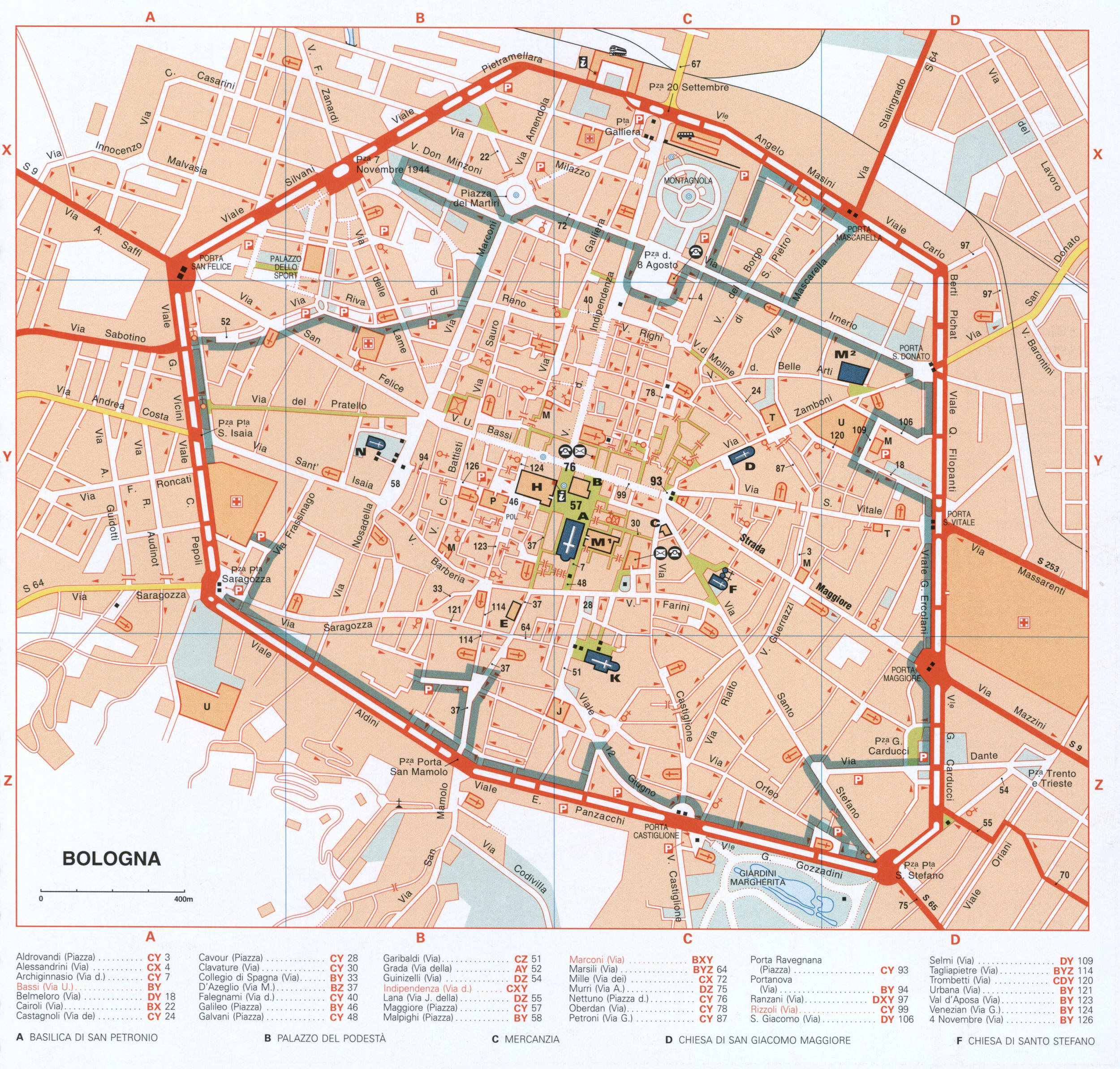 Map of Center Bologna with historical landmarks