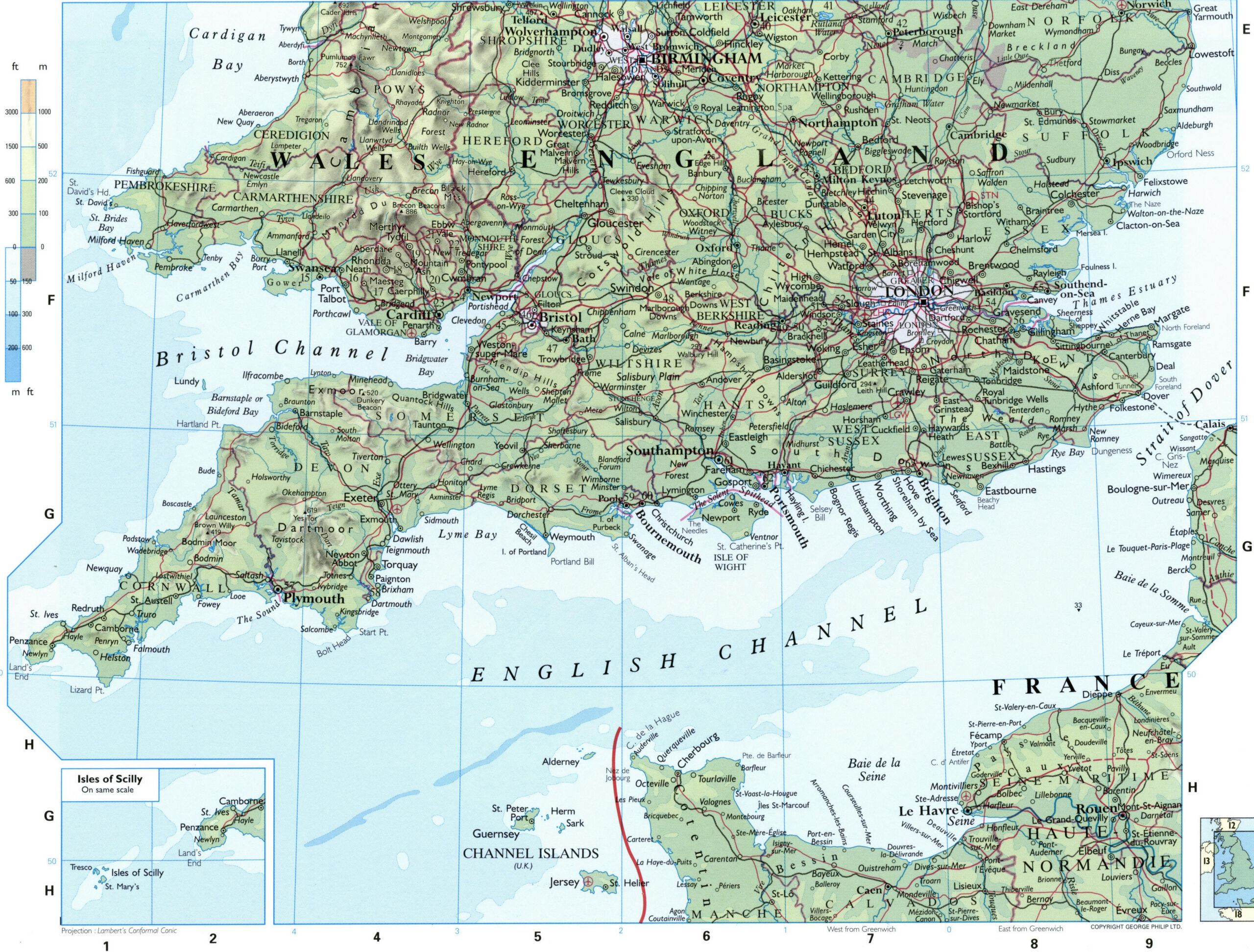 Physical map of Southern England and Wales