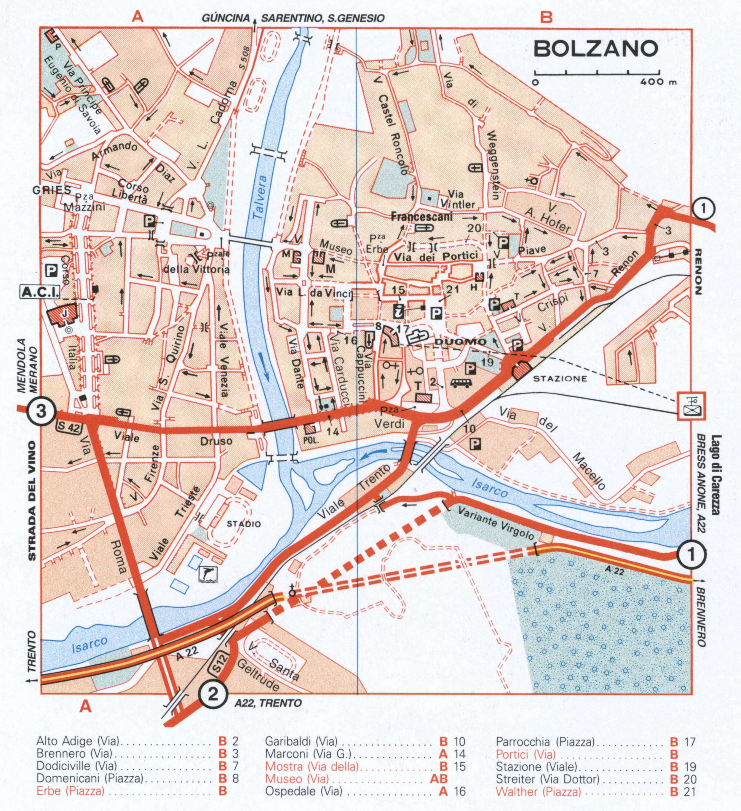Map of Bolzano with historical landmarks