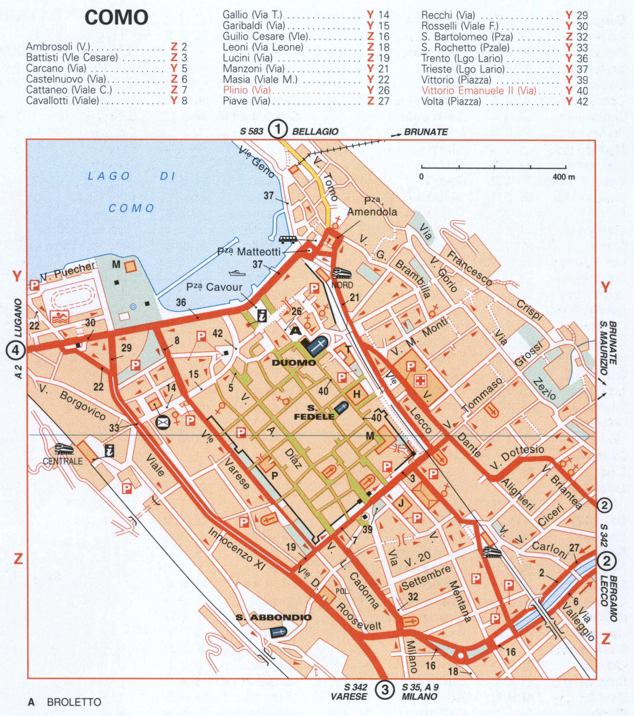 Map of Como with historical landmarks