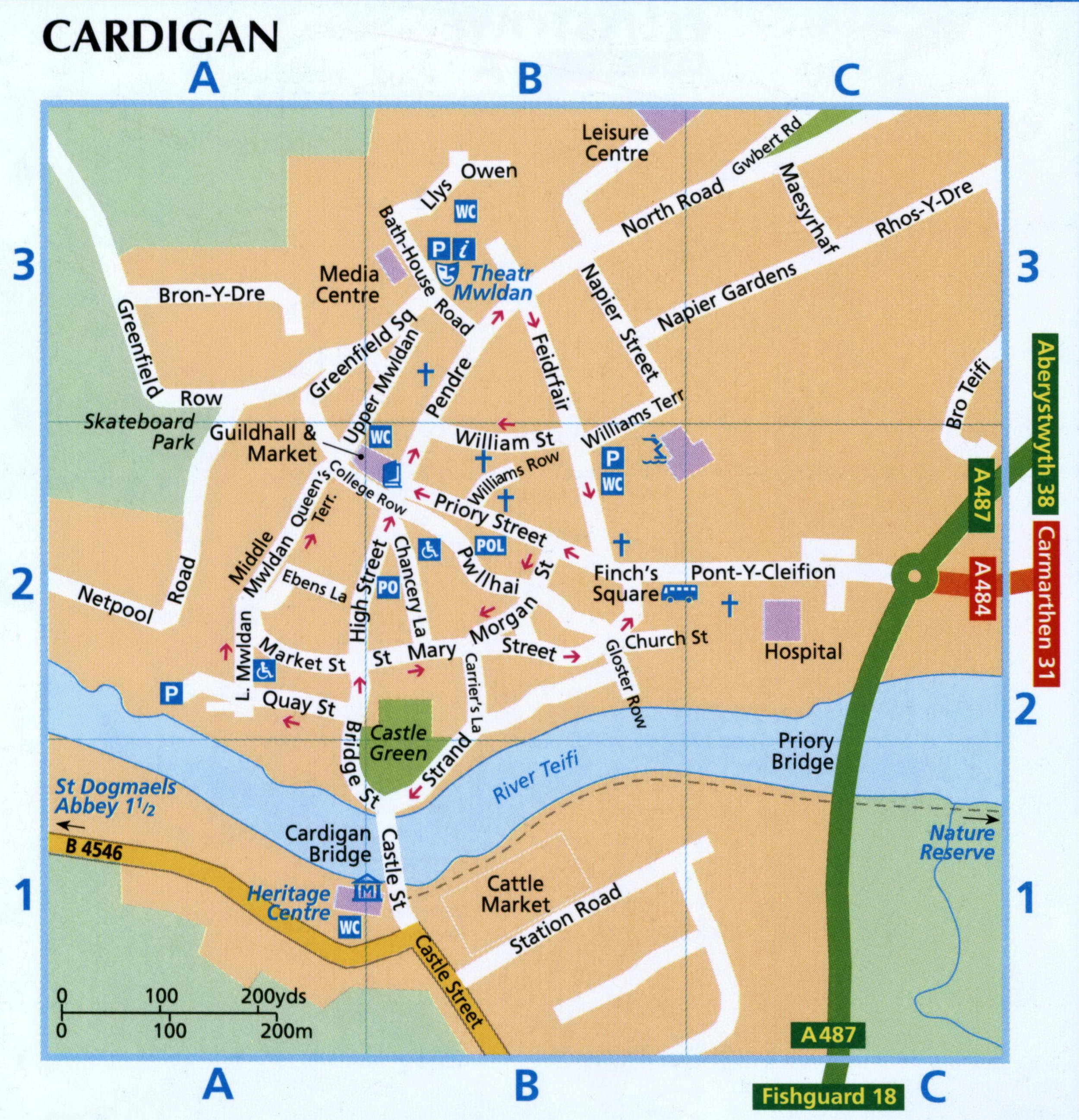Tourist map of Cardigan with attractions, public places, and a street list