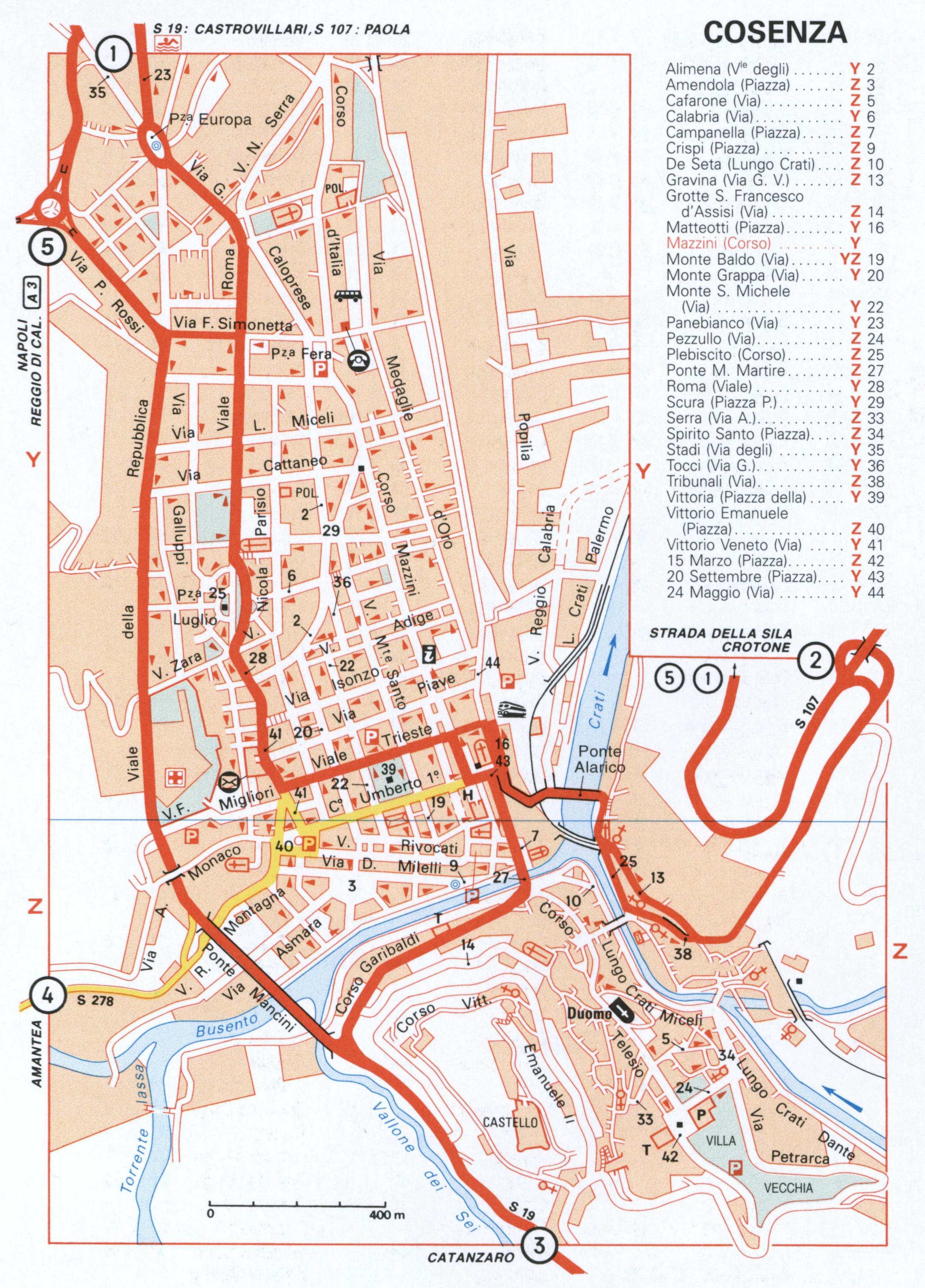Map of Cosenza with historical landmarks