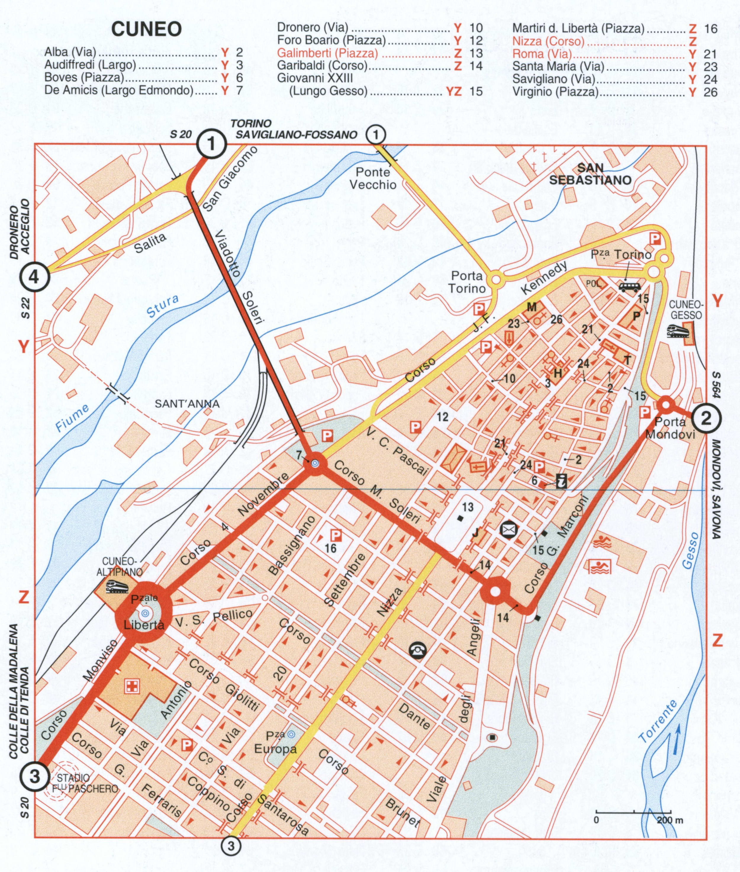 Map of Cuneo with historical landmarks