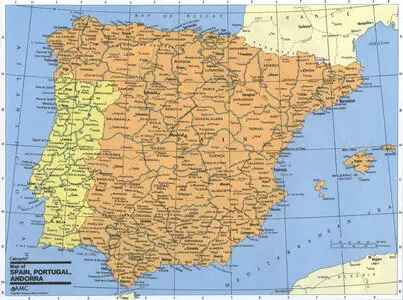 Administrative map of Spain and Portugal with regional borders and cities