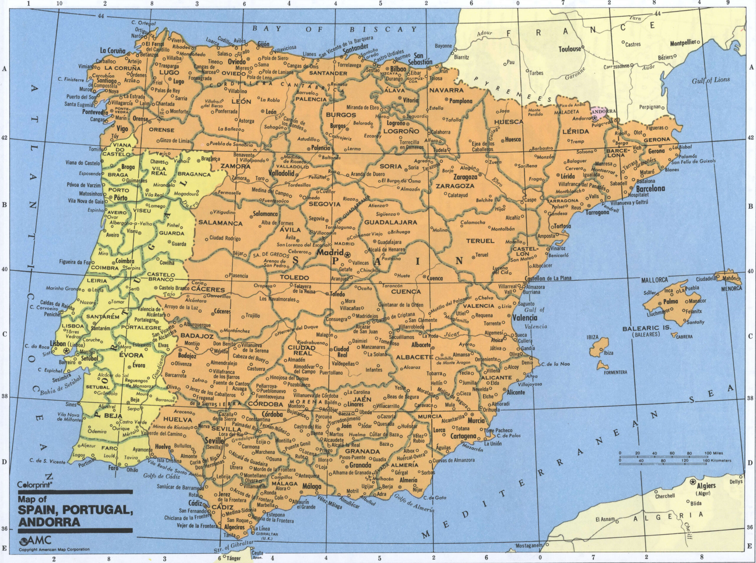 Administrative map of Spain and Portugal with regional borders and cities