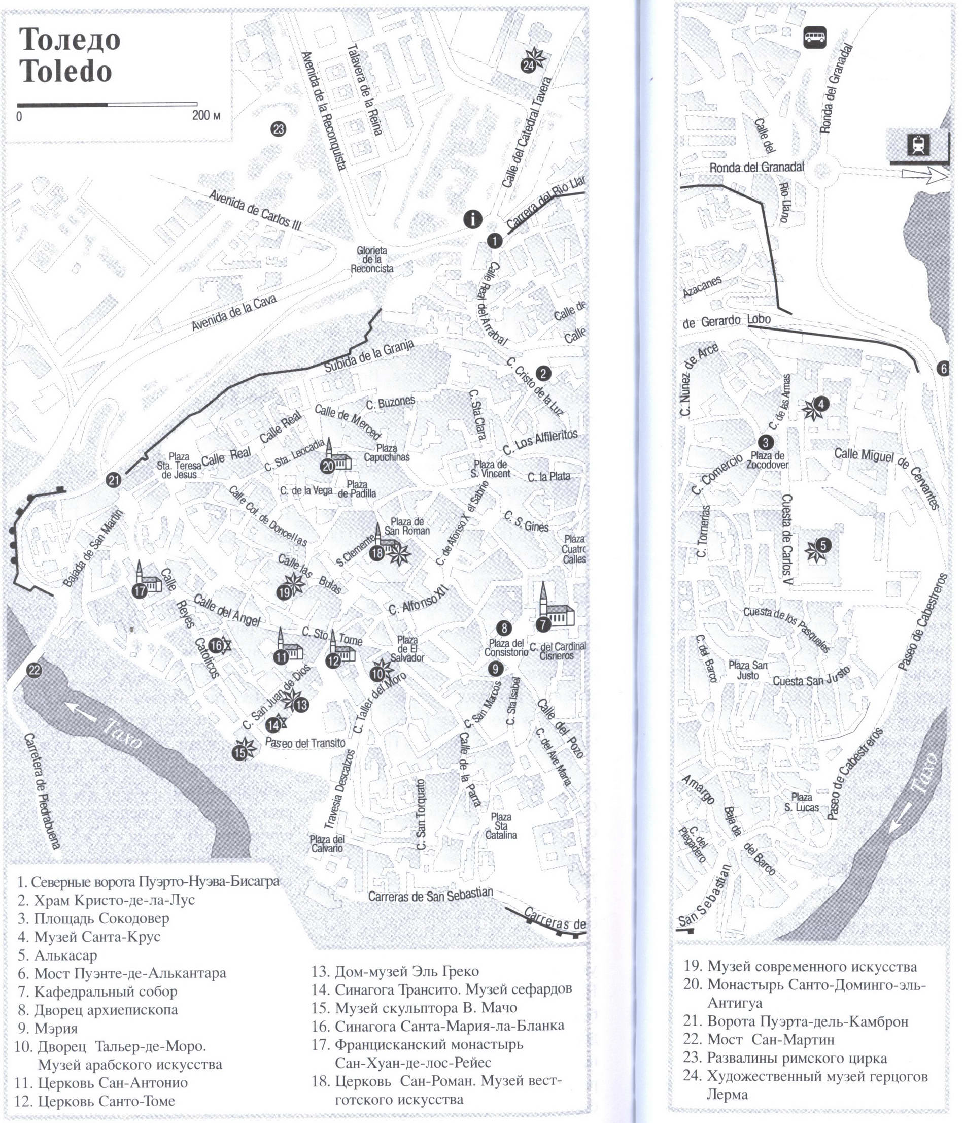 Toledo map diagram with a list of sights