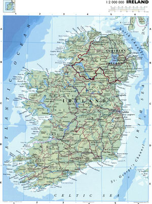 Physical map of Ireland with cities and roads