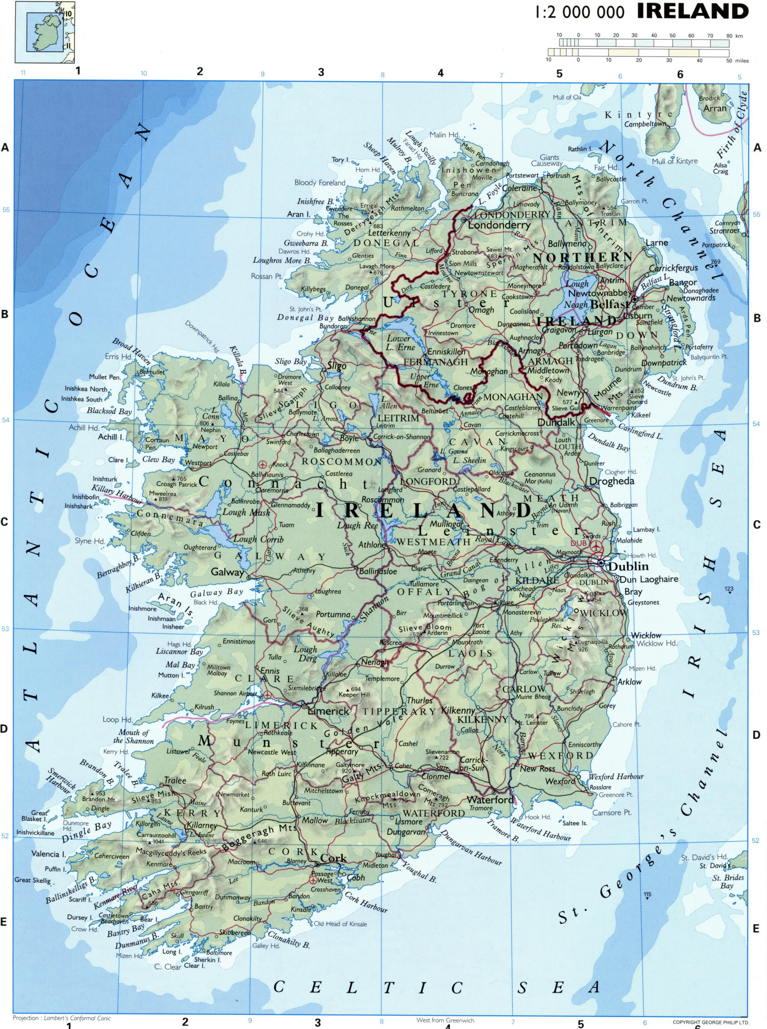 Physical map of Ireland with cities and roads