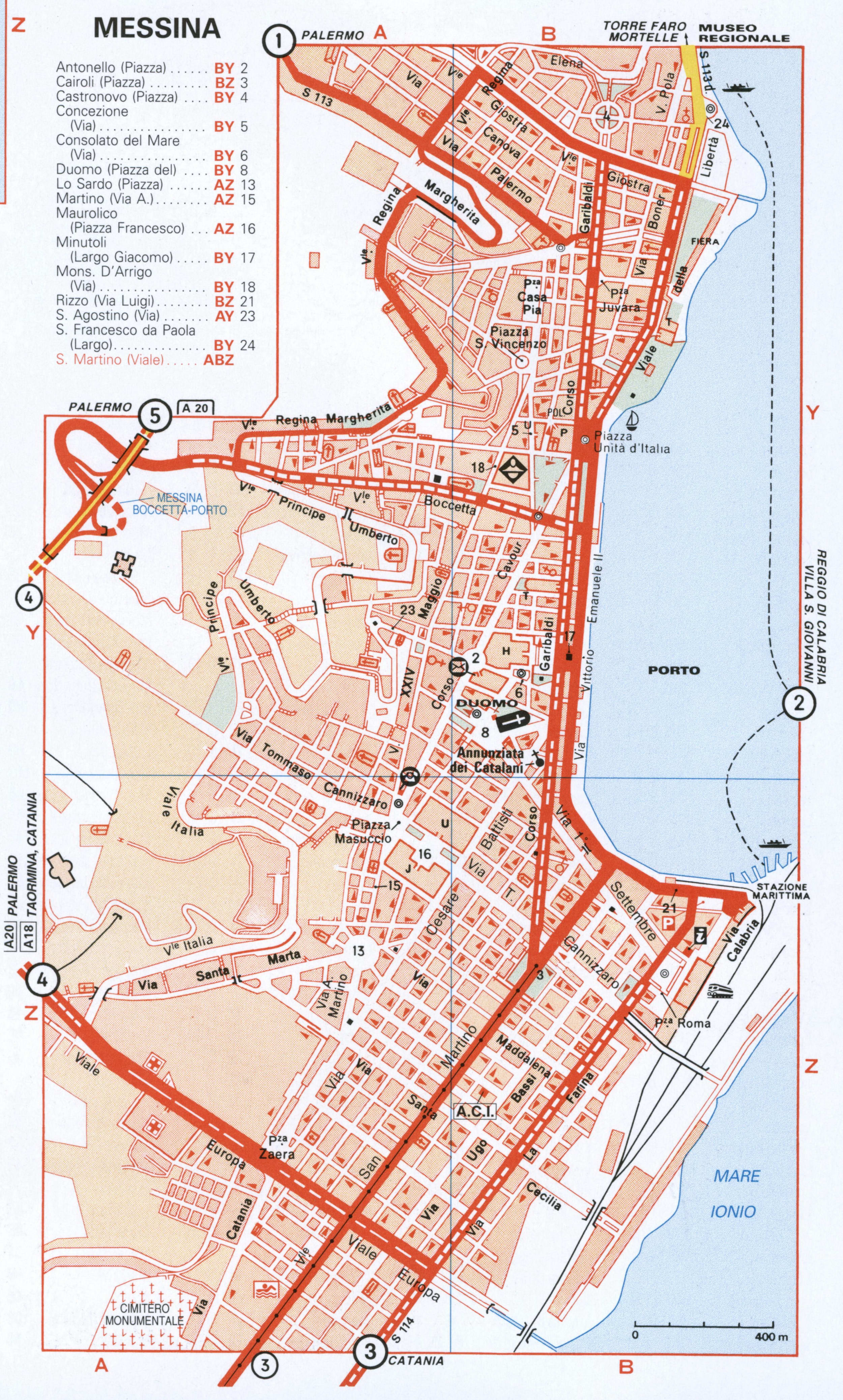 Messina tourist map with interesting places