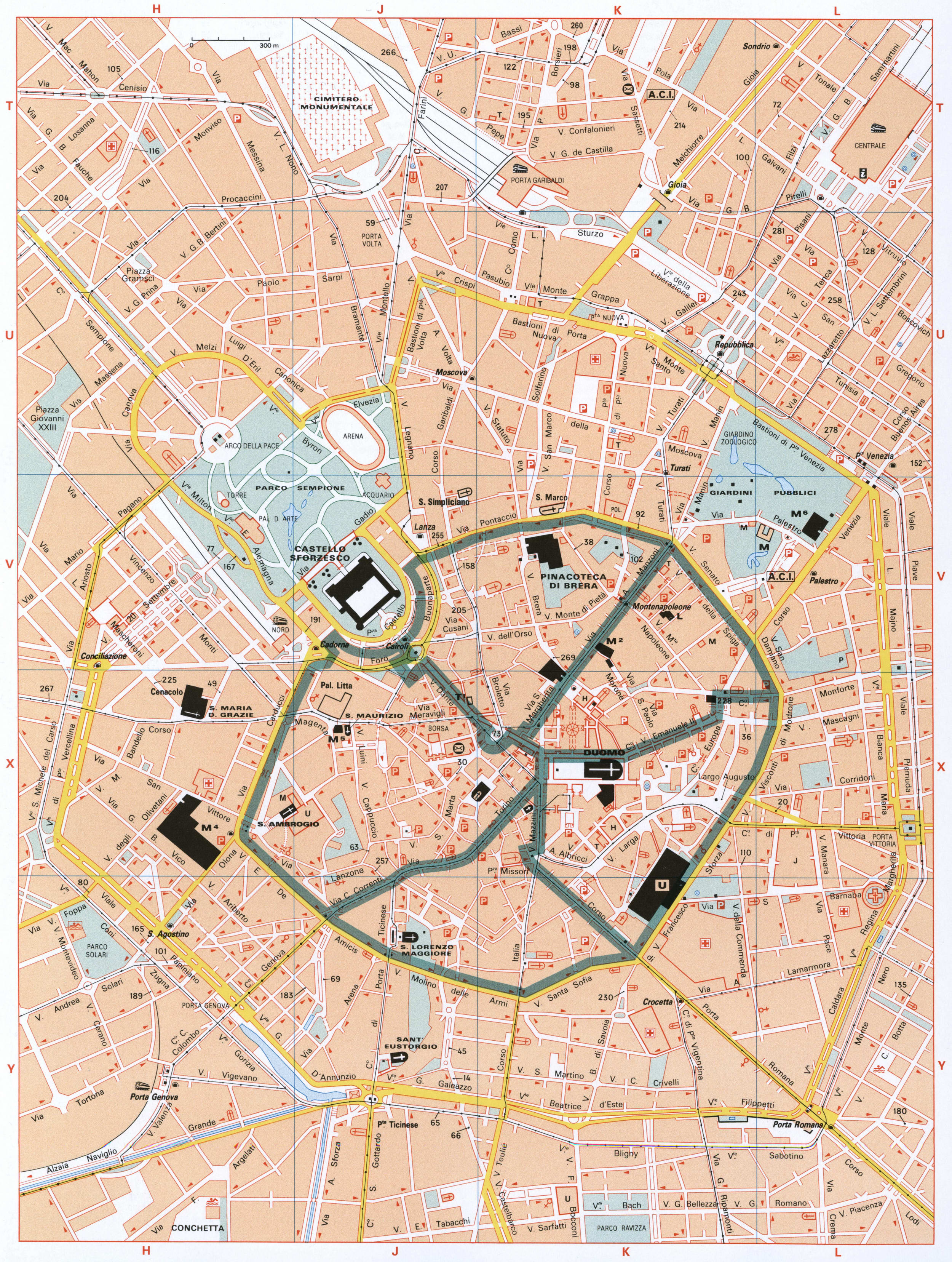 Milano map of center with sights and monuments