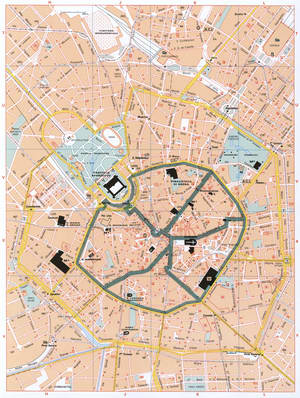 Milano (Italy) map of the city center with sights and monuments