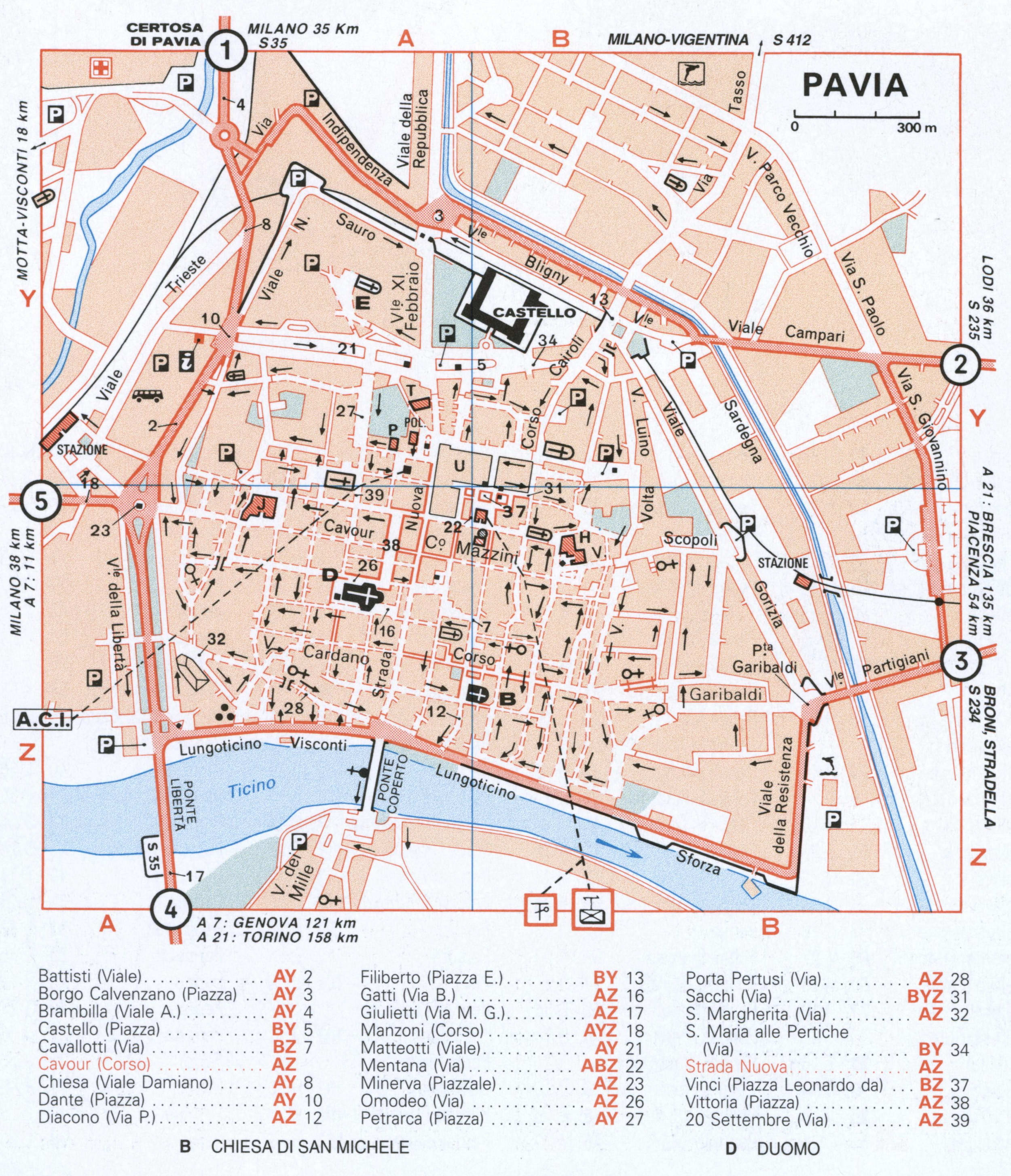 Map of Pavia (Italy) with sights