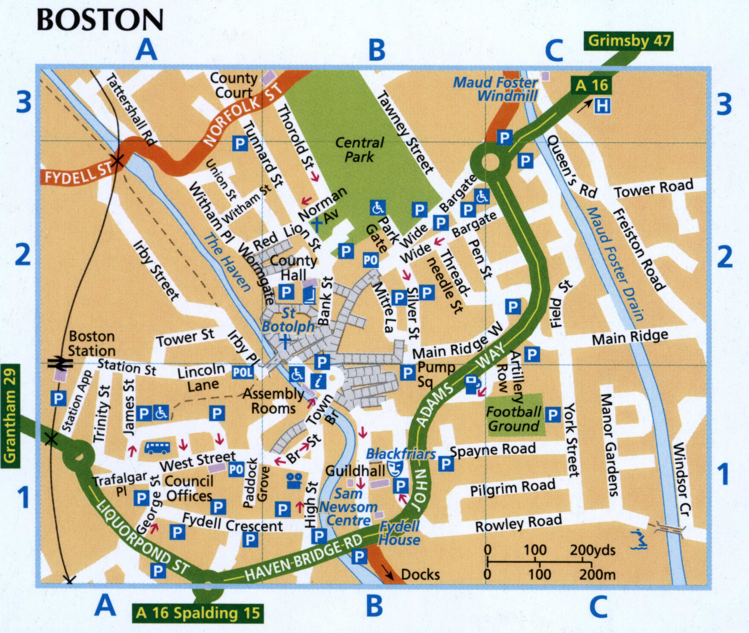 Boston map with parking lots and public toilets