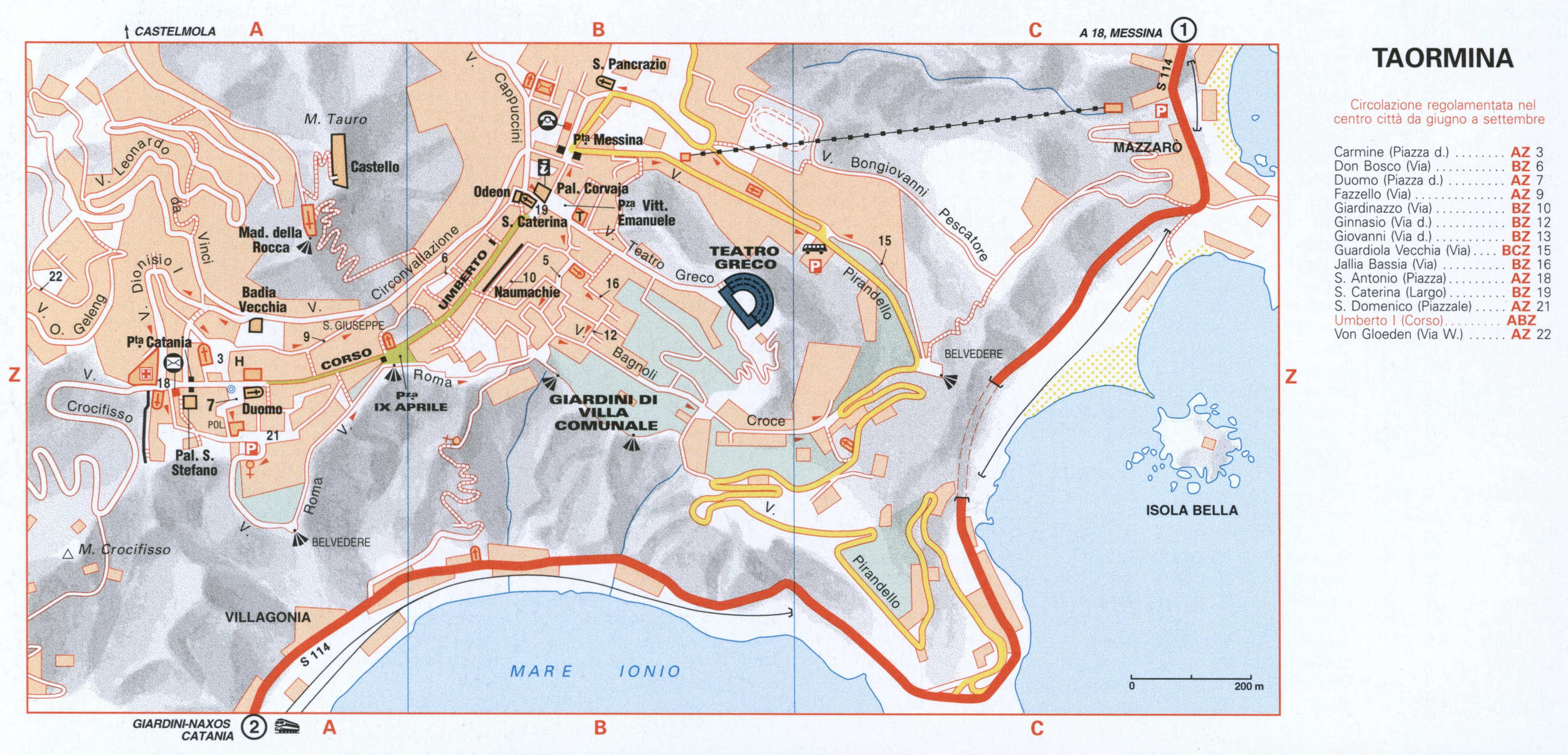Map of Taormina with historical landmarks