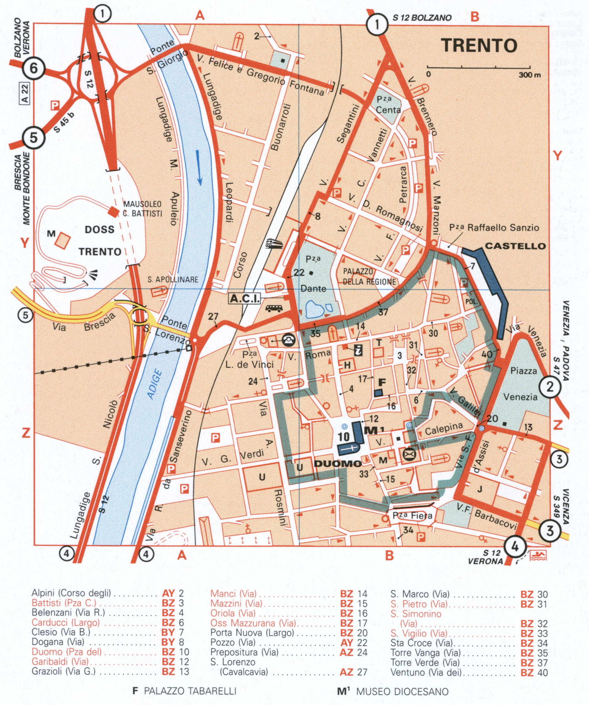 Map of Trento with historical landmarks