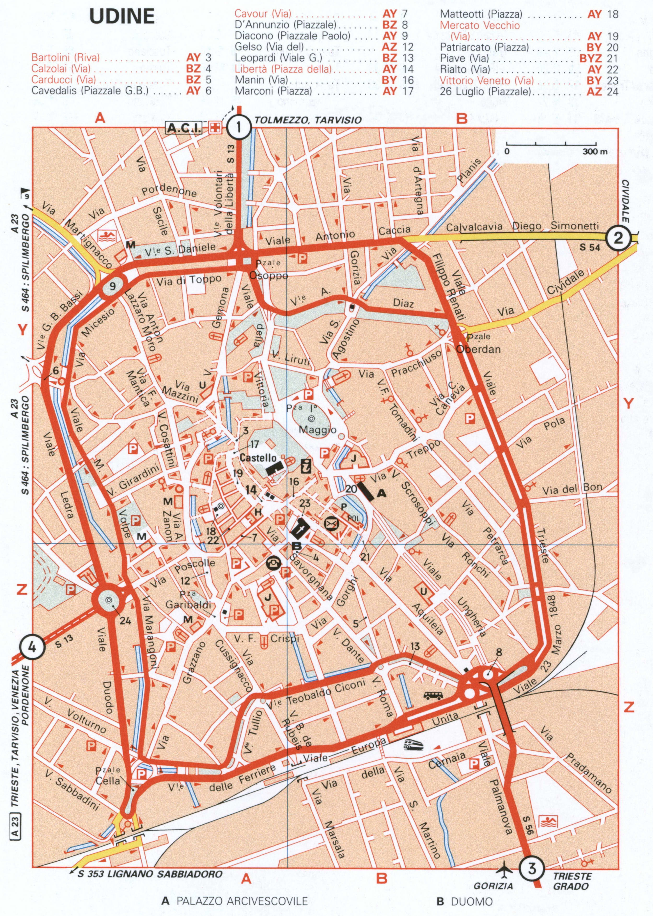 Map of Udine with historical landmarks