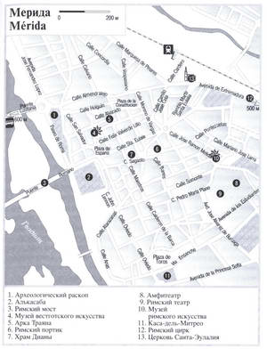 Merida (Spain) tourist map with a list of attractions