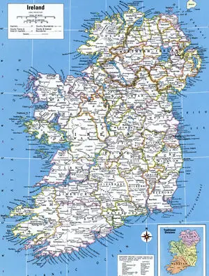 Administrative map of Ireland with cities and towns