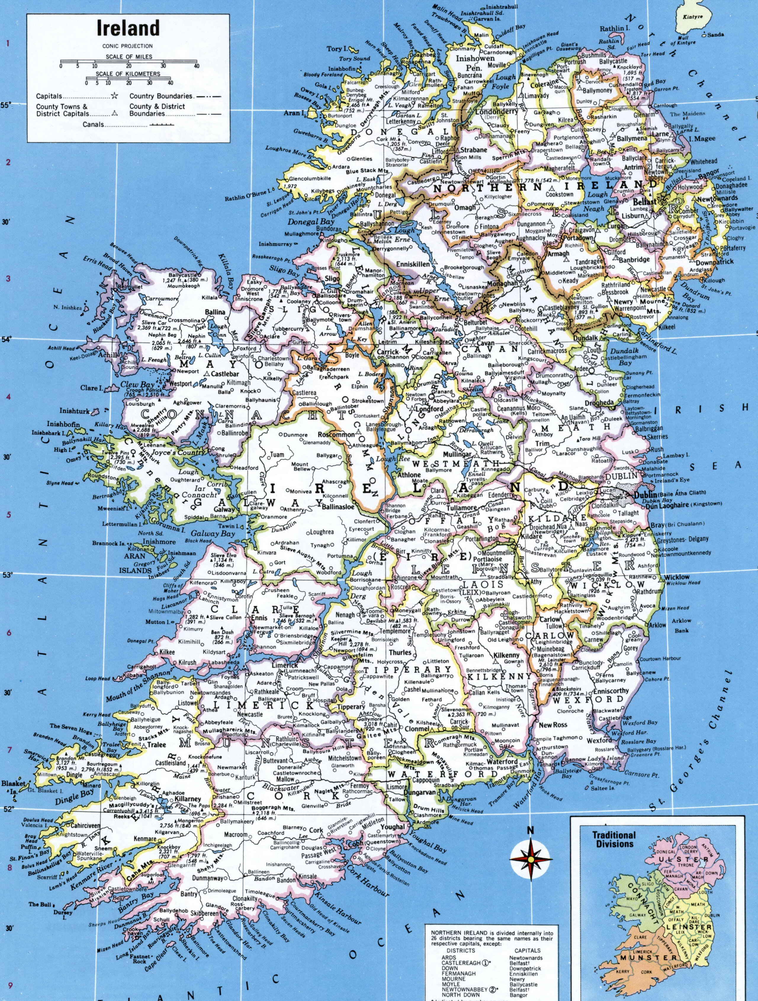 Administrative map of Ireland with cities and towns