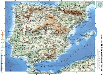 Physical map of Spain and Portugal. Geographical map of the Iberian Peninsula.