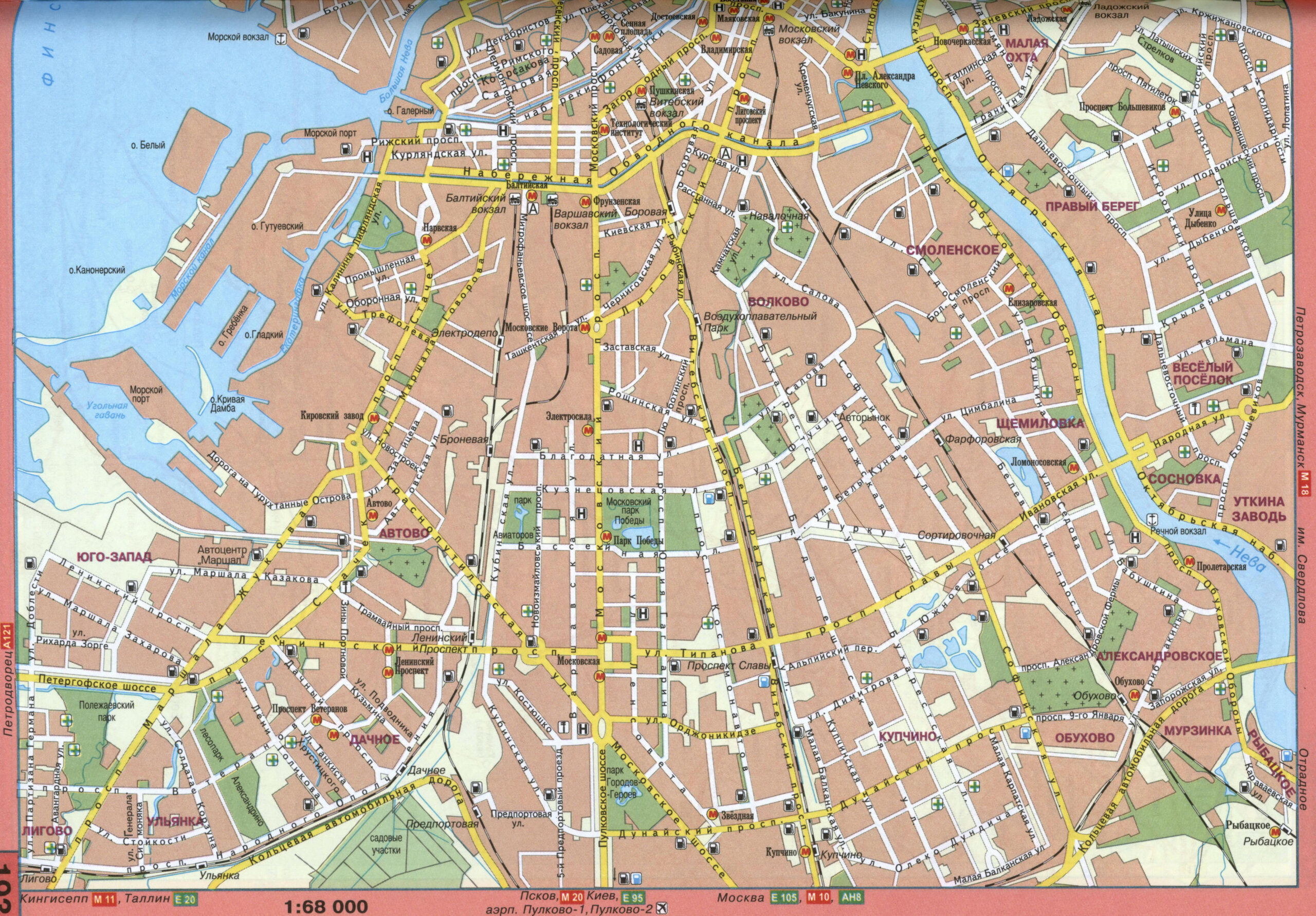 Street map of Saint Petersburg, Russia, with car routes