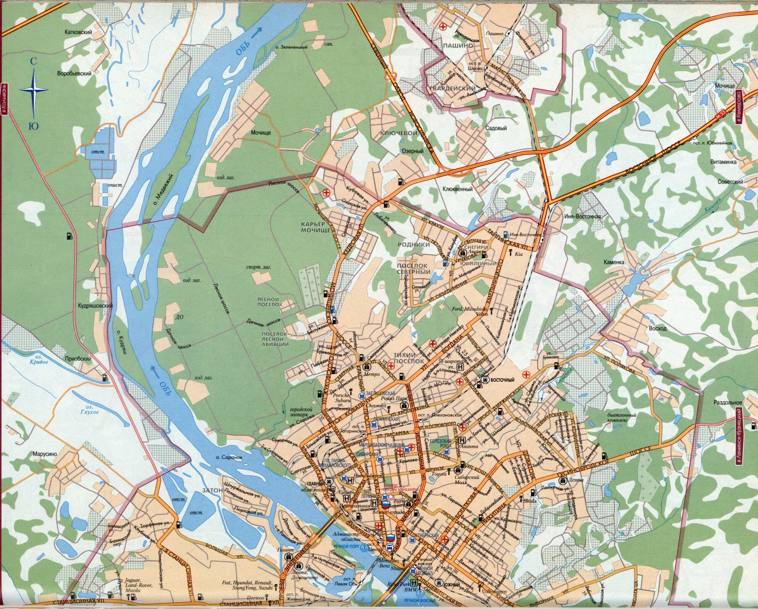 Large street map of Novosibirsk (Russia) with attractions