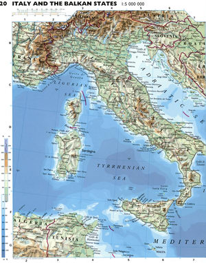 Physical map of Italy with cities