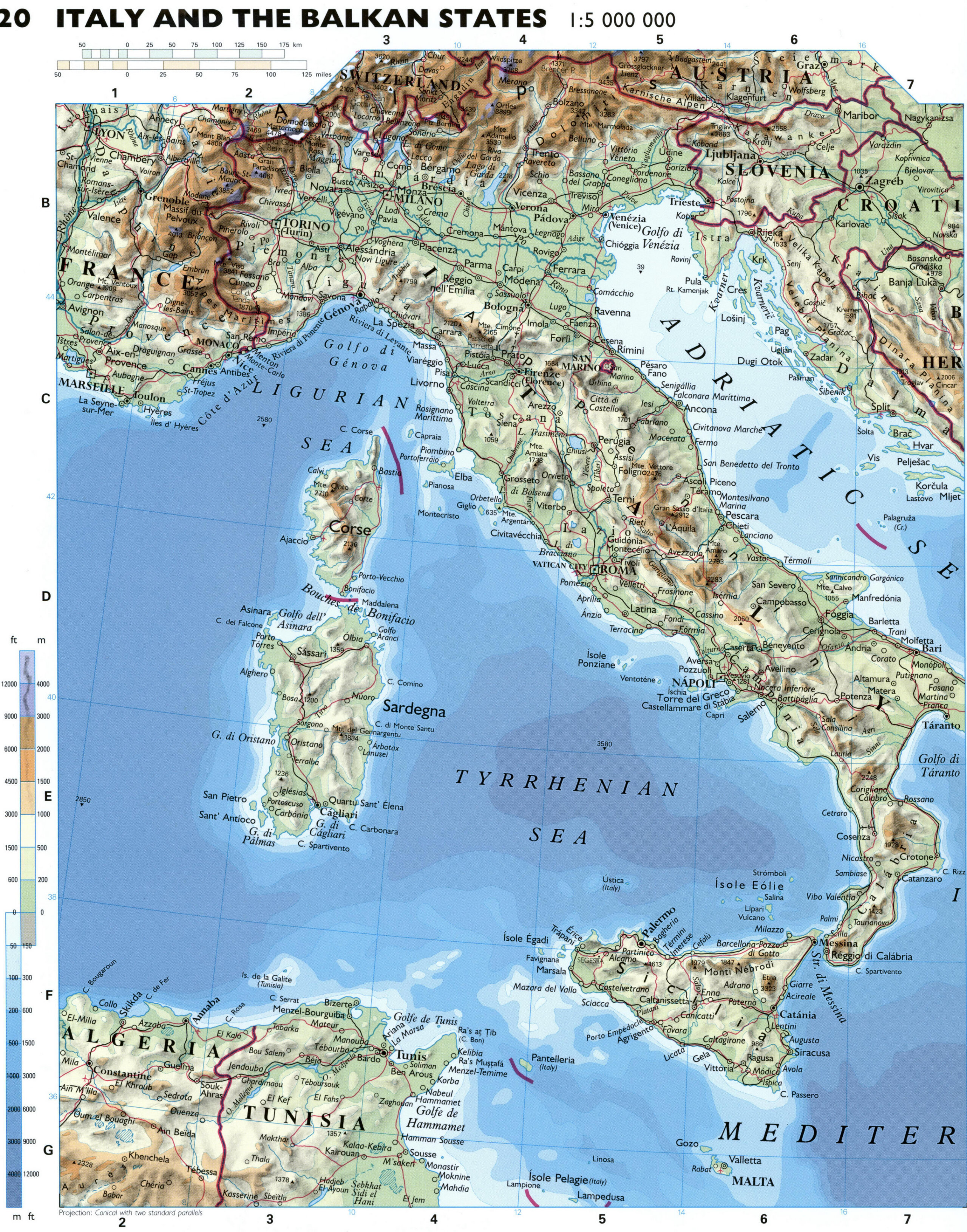 Physical map of Italy with cities