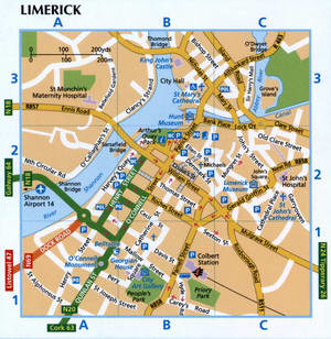 Map of Limerick (Ireland) with parking lots and public restrooms