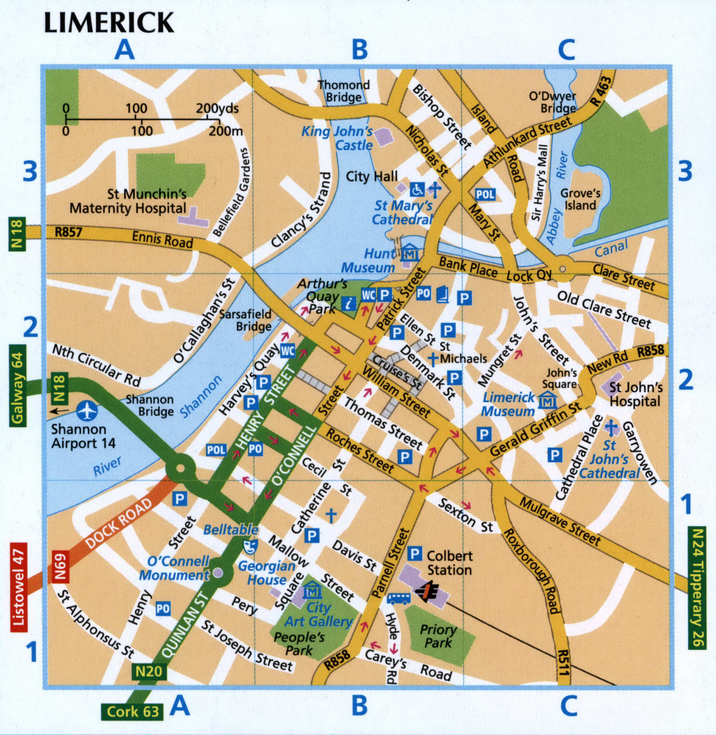 Map of Limerick (Ireland) with parking lots and public restrooms