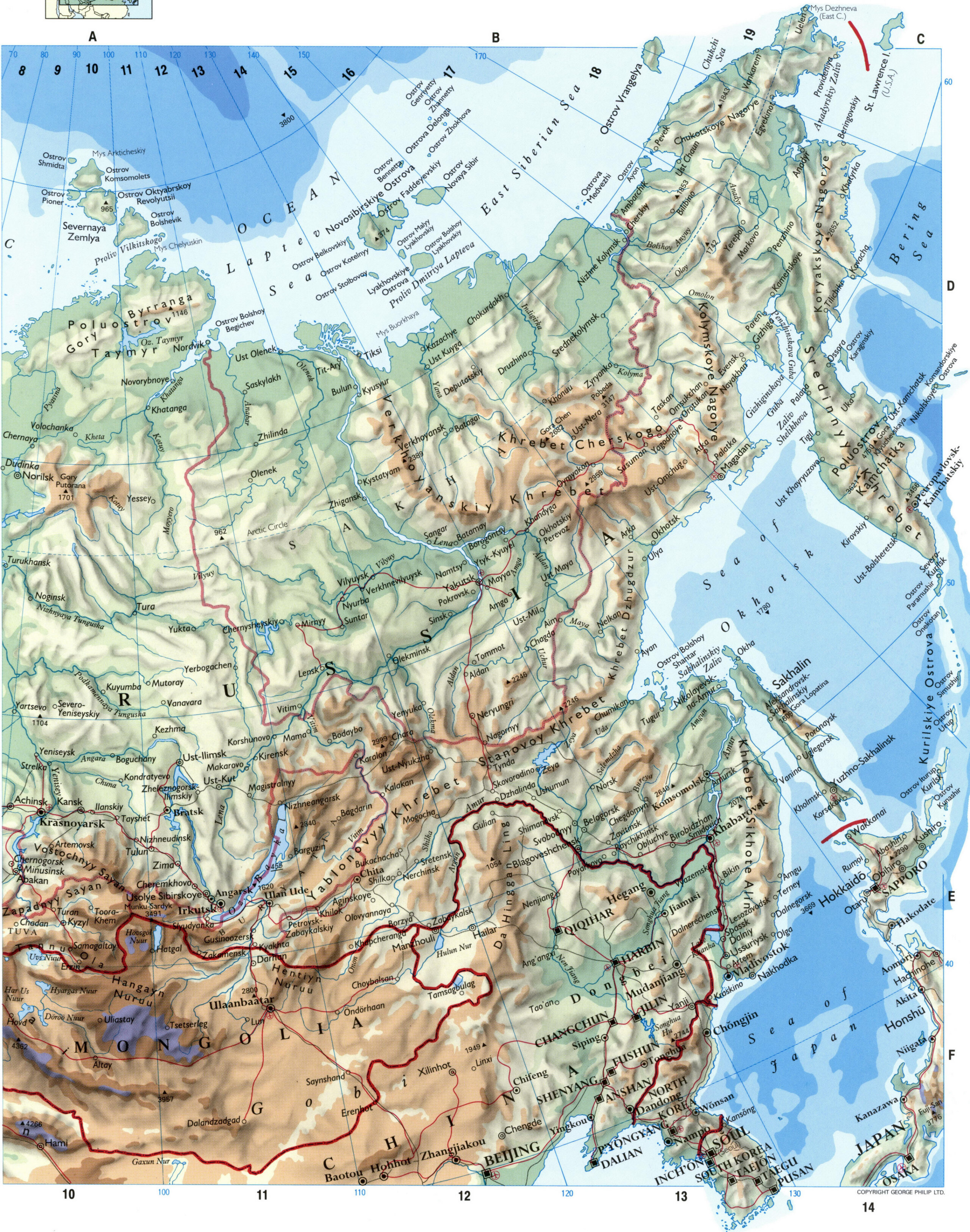 Physical map of the USSR with the borders of the republics