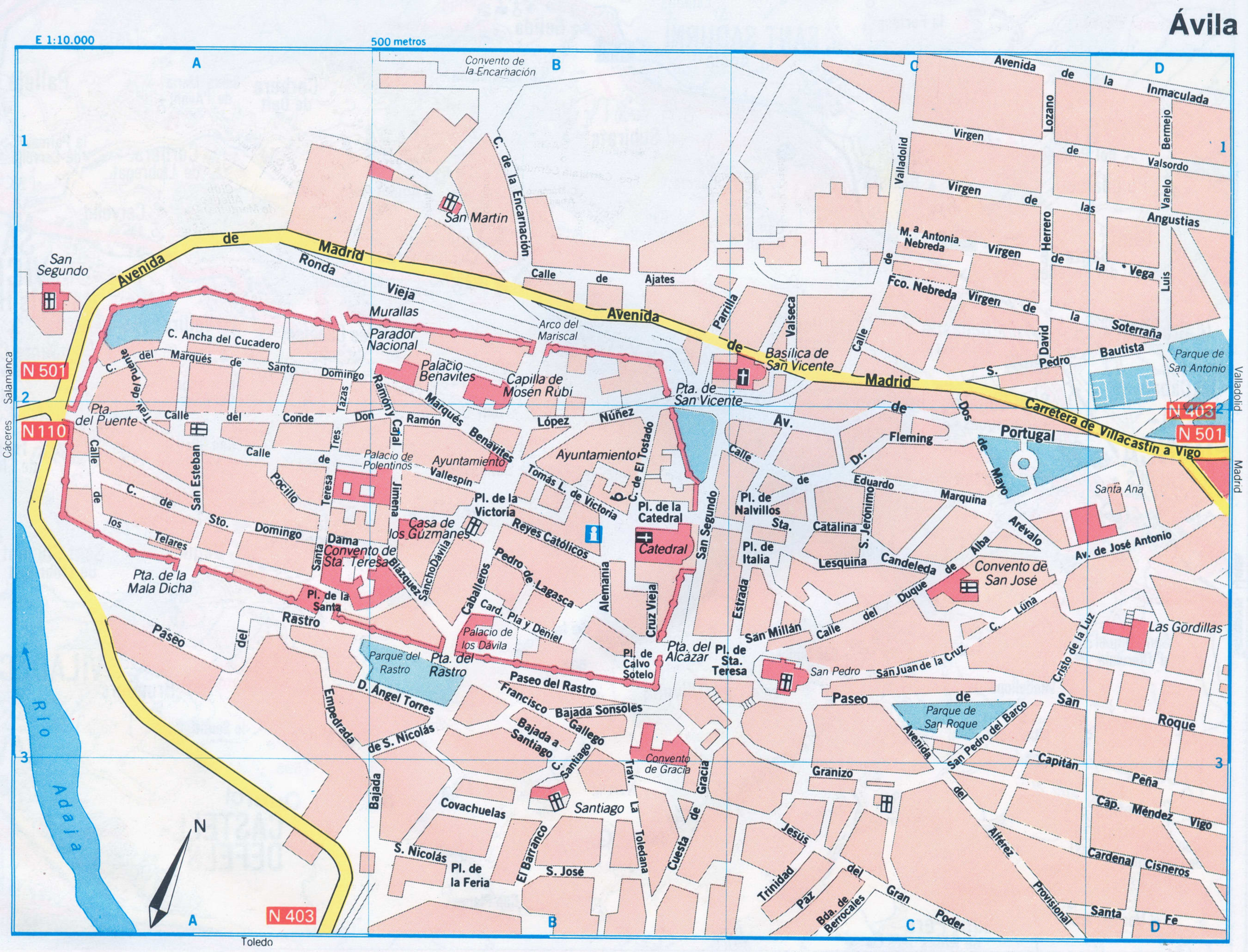 Avila (Spain) tourist map with attractions