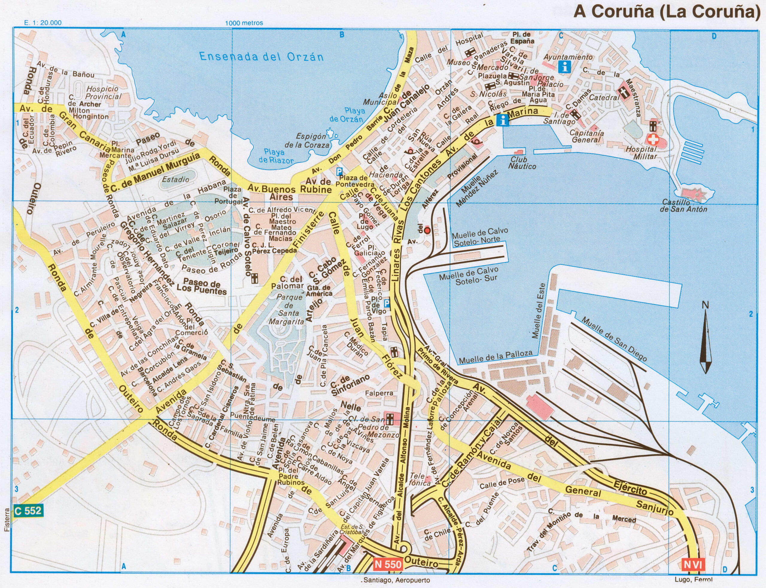 Map of La Coruna (Spain) with attractions