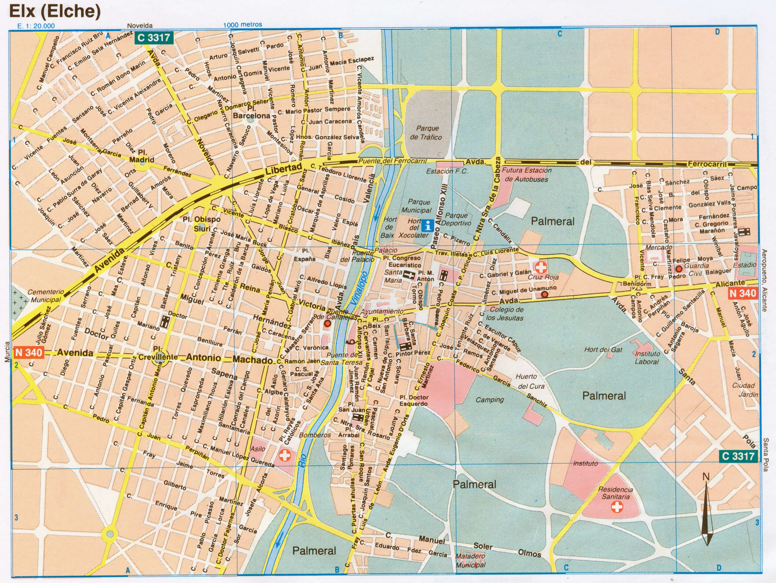 Map of Elche (Spain) with sights and landmarks