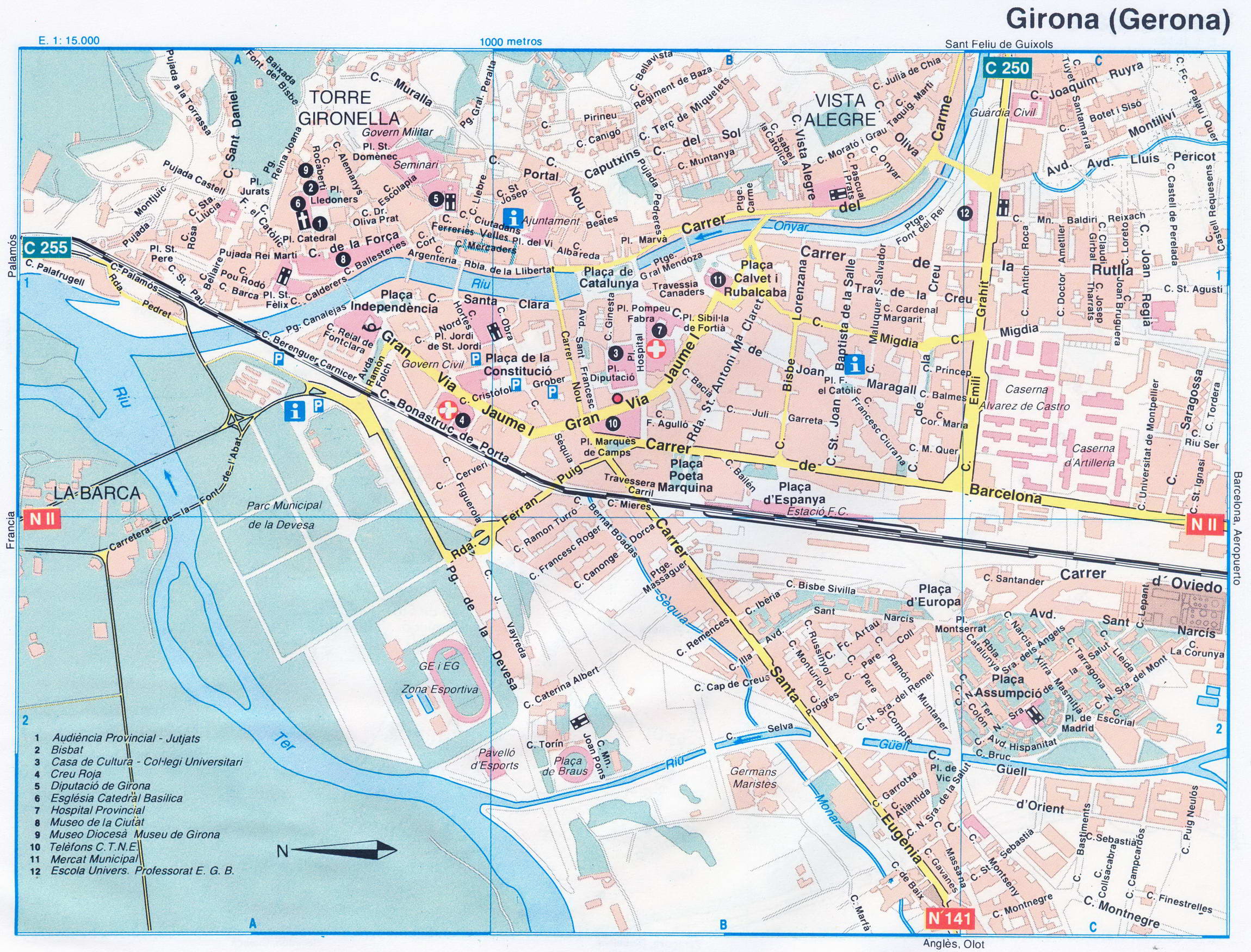 Map of Girona (Spain) with sights and landmarks