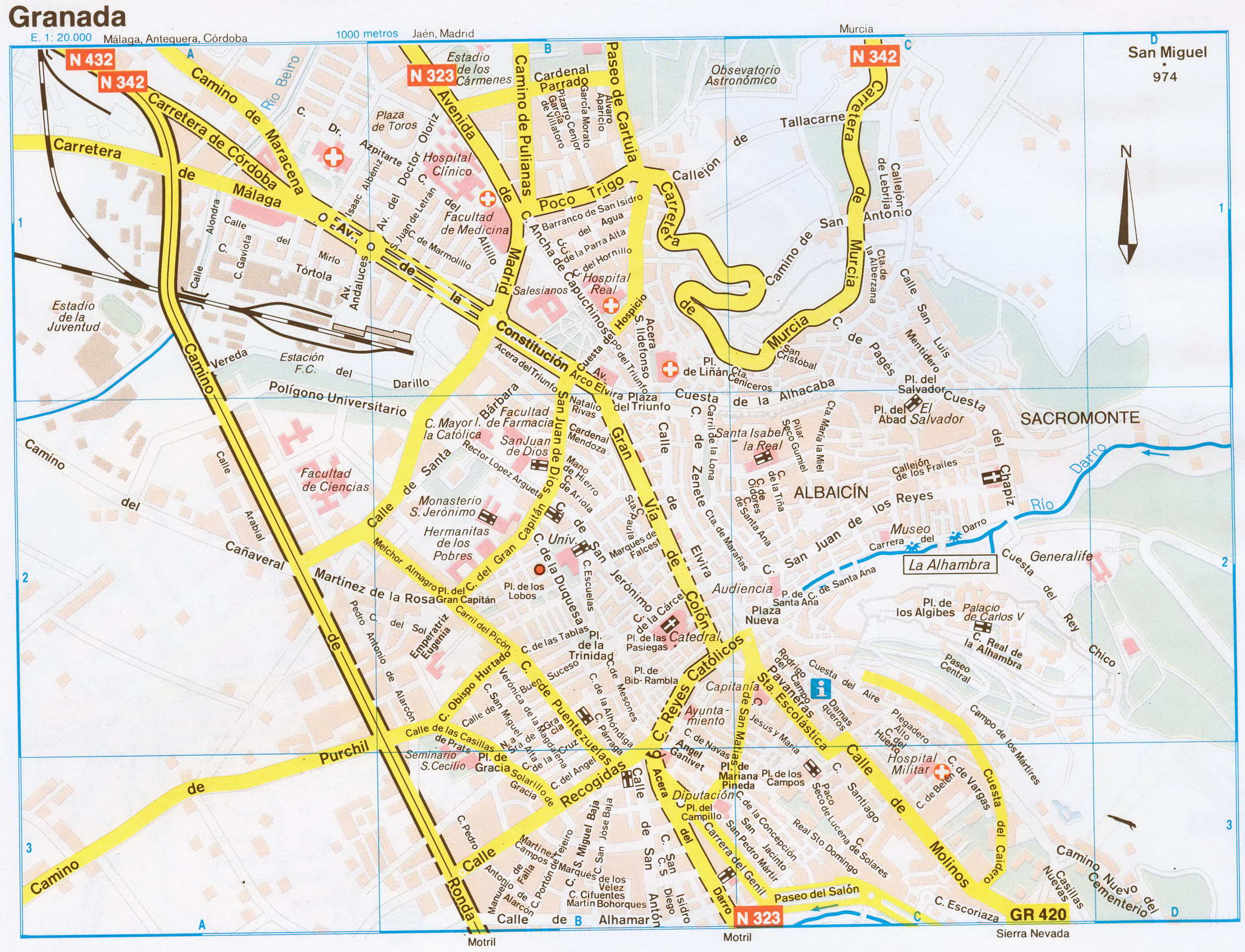 Map of Granada (Spain) with sights and landmarks