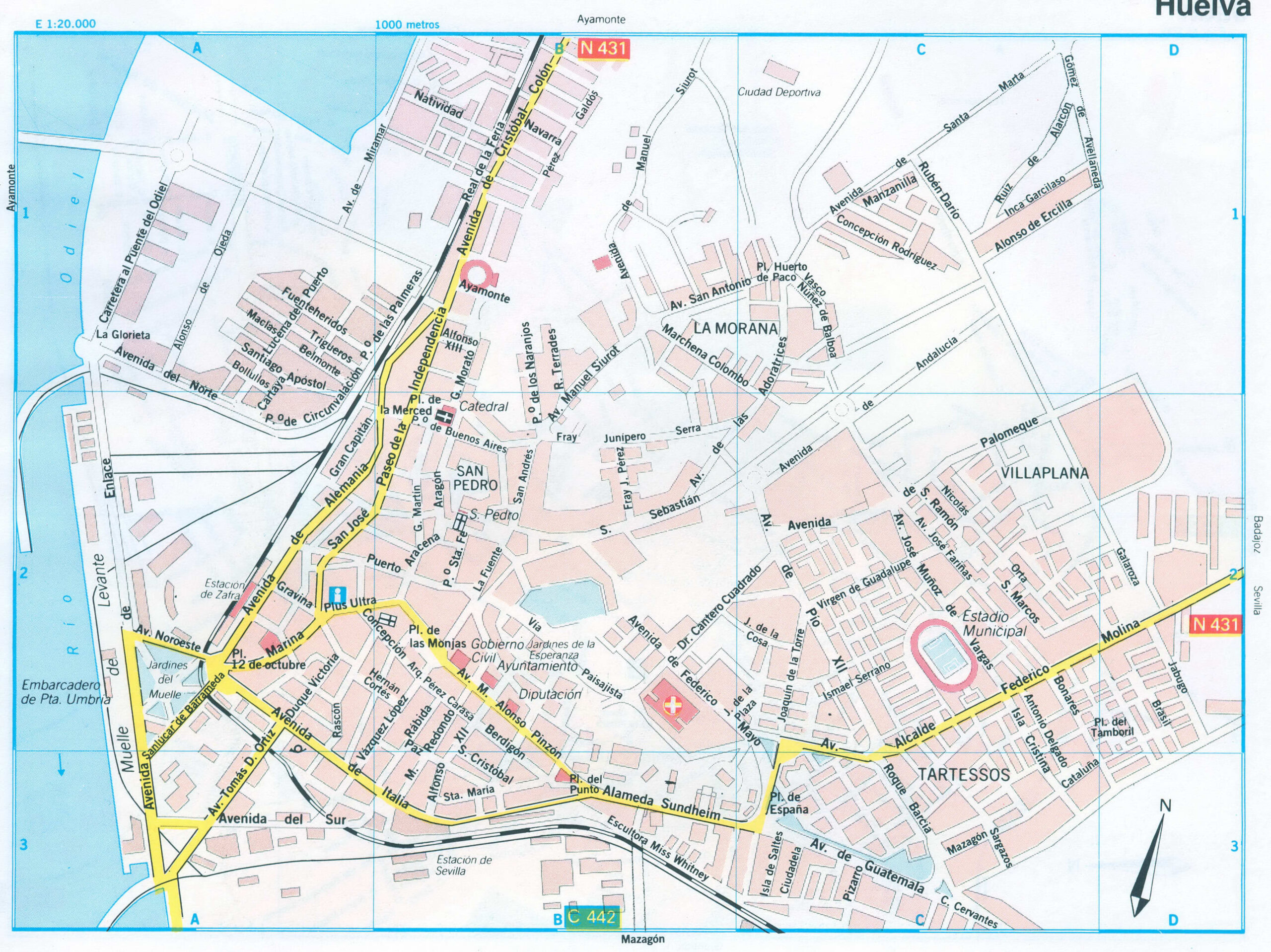 Map of Huelva (Spain) with attractions